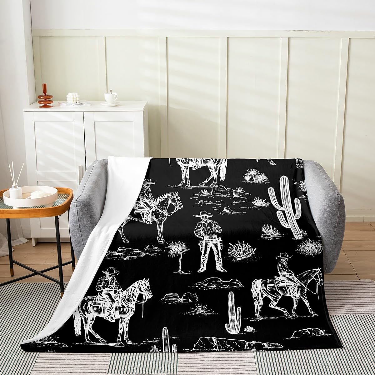 Feelyou Black Western Fuzzy Blanket Queen 90"x90" Horse Cowboy Flannel Fleece Throw Blanket for Sofa Couch Decor Rustic Western Decor Wild Western Cowboy All Season Bed Blanket Tribal Plush Blanket