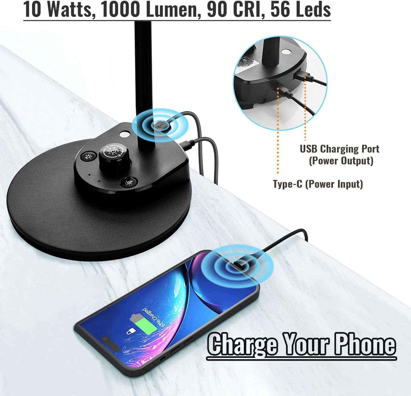 LED Desk Lamp, Desk Light with USB Charger, 3 Color Temperature and 20 Brightness Levels, Eye-Caring Metal Desk Light for Office and Bedroom, 10W, 1000 Lumens, Adapter Included (Black)