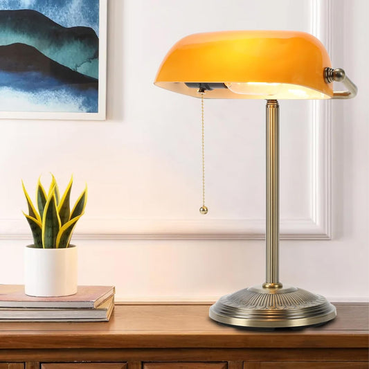 NISSAFORS Bankers Desk Lamp, Amber Glass Shade, Vintage Desk Lamp with Pull Chain Switch, Retro Table Lamps for Home Office (Brass+Amber, Small)