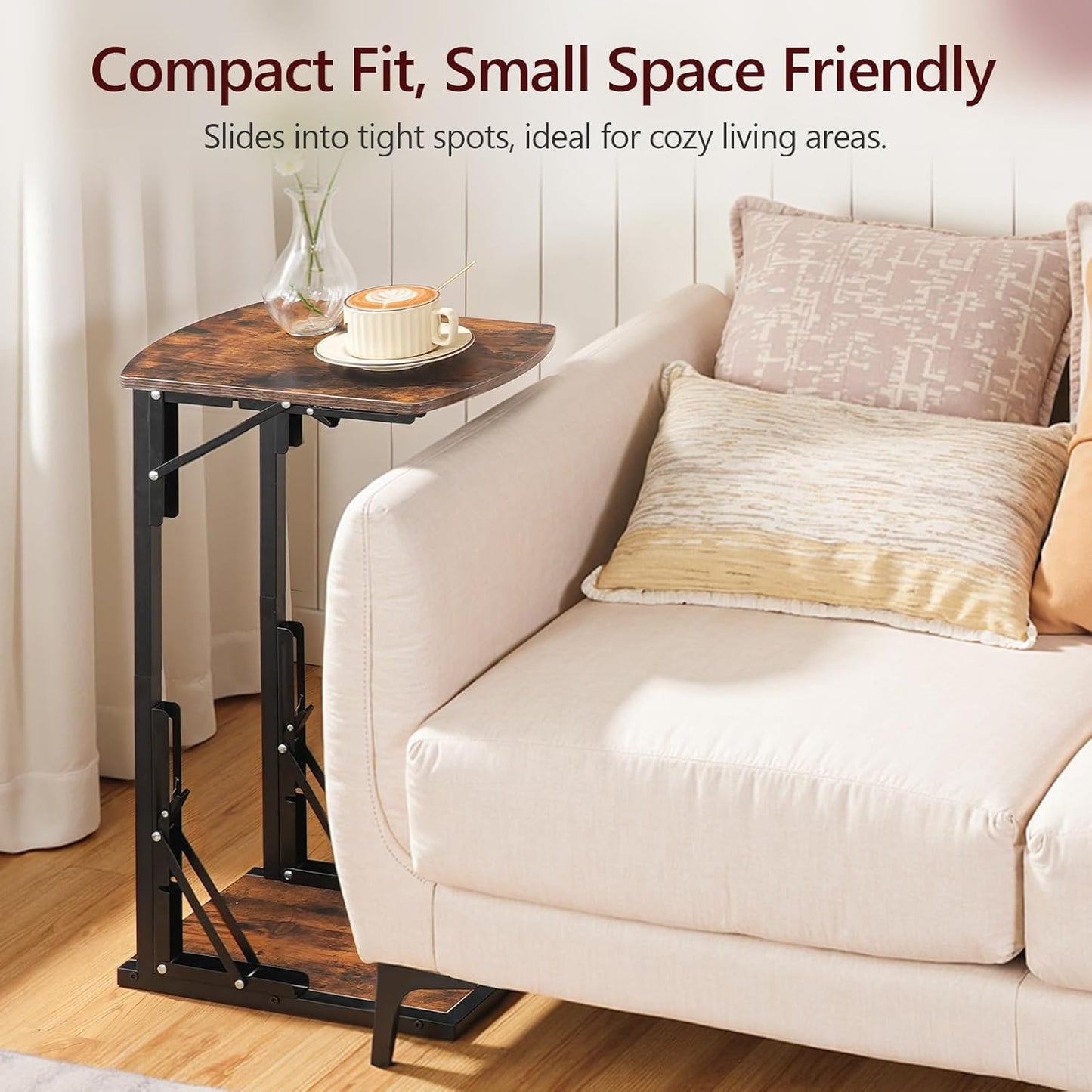 Set of 2 Folding Samll Side Table, C-Shaped End Table for Couch, Slide Under Couch Side Table for Sofa Bed, Folding End Table for Small Spaces, Living Room, Bedroom, Rustic Brown ETHR4101S2