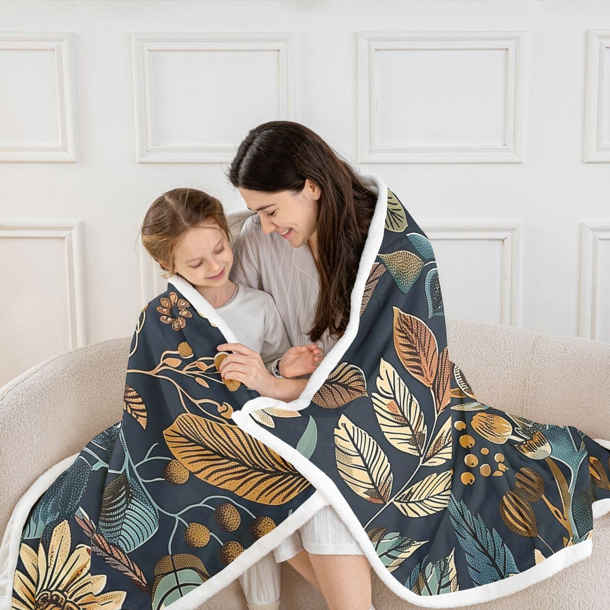 Feelyou Blue Boho Throw Blanket Vintage Floral Soft Fleece Sherpa Cozy Fuzzy Plush Warm Retro Flower Paisley Botanical Fuzzy Plush Throw Twin 60"x80" for Bed Couch Living Room