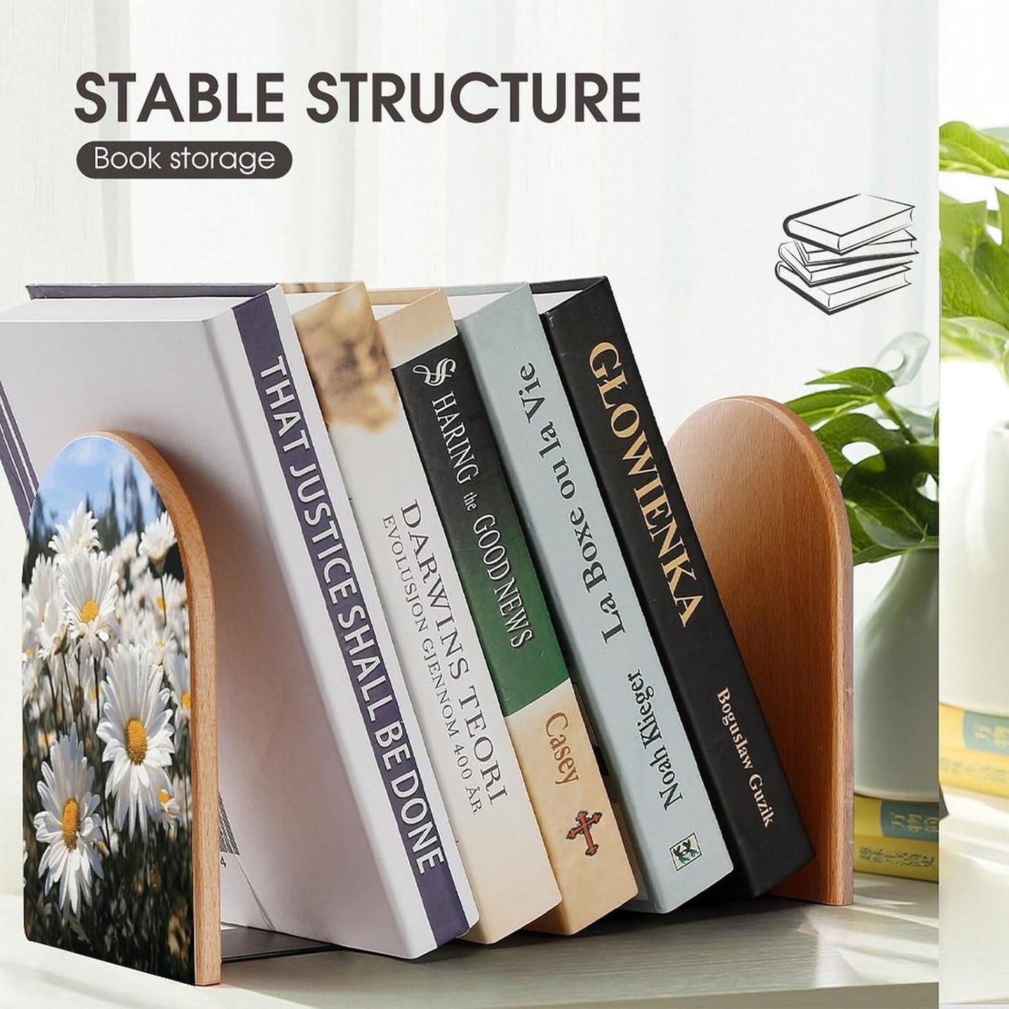 Wild White Daisies Bookend for Shelves Wooden Book End Large Size Sturdy Book Holders Stoppers with Metal Base for Bookshelves Slick Decorative Bookends Stands