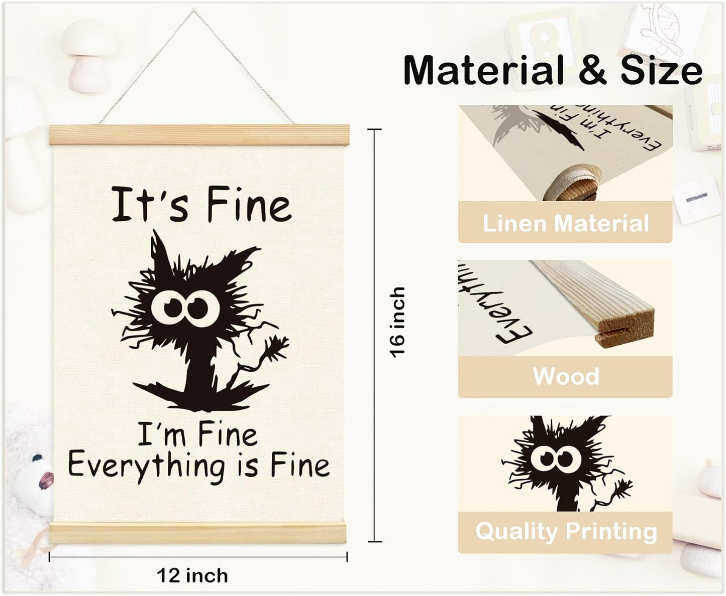 Mtrgdn Funny Office Wall Decor,I'm Fine Everything is Fine Poster Hanger Frame,Funny Black Cat Wall Hanging Decor for Office,12x16 Inch