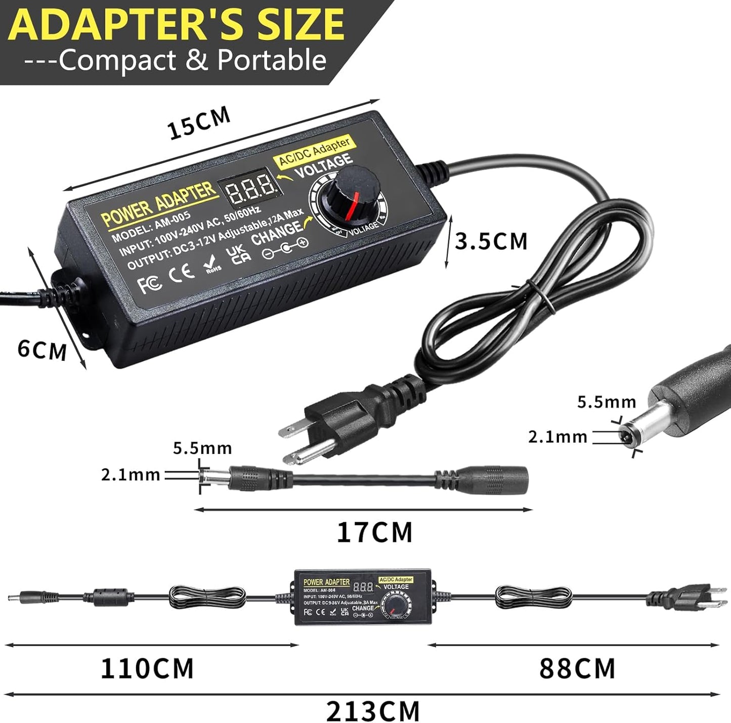 Universal Power Supply Adjustable 3V~12V 12A 144W Variable Switching Power Adapter 100V-240V AC to DC Converter Transformer with 14 Plugs&Polarity Converter,LED Voltage Display3V4V5V6V7V8V9V10V11V12V