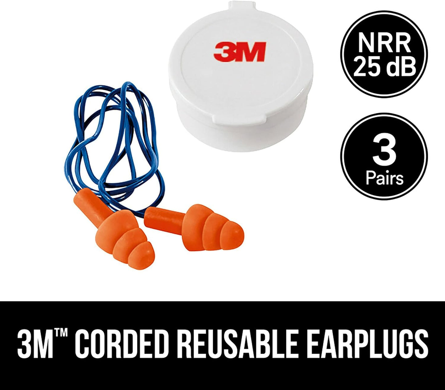 3M Corded Reusable Earplugs, 3 Pack, Noise Reduction Rating (NRR) 25 dB, Easy To Use & Insert, Pliable & Tri-Flange Design Enhances Comfort & Fit, Orange Ear Plugs (90716H3-DC)