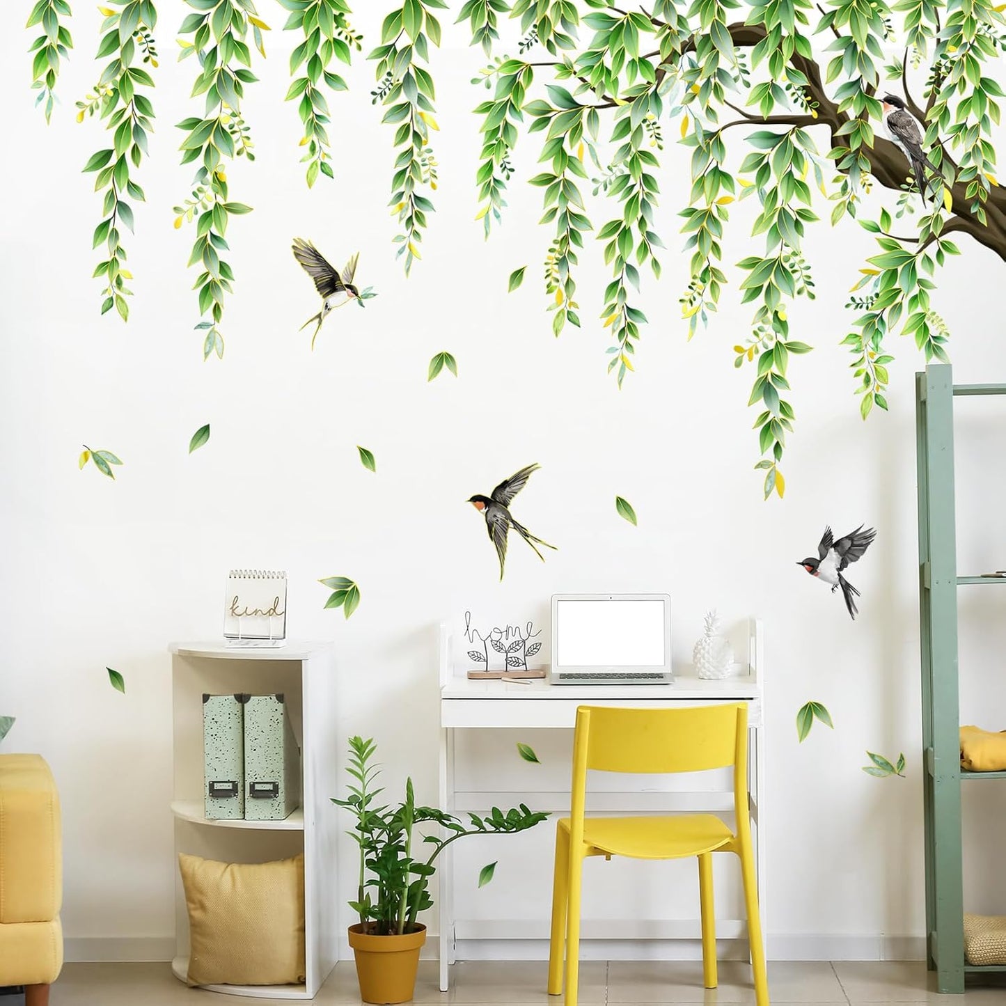 Supzone Large Green Tree Branch Wall Decals Hanging Green Vine Leaves Birds Wall Stickers for Living Room Bedroom Sofa TV Background