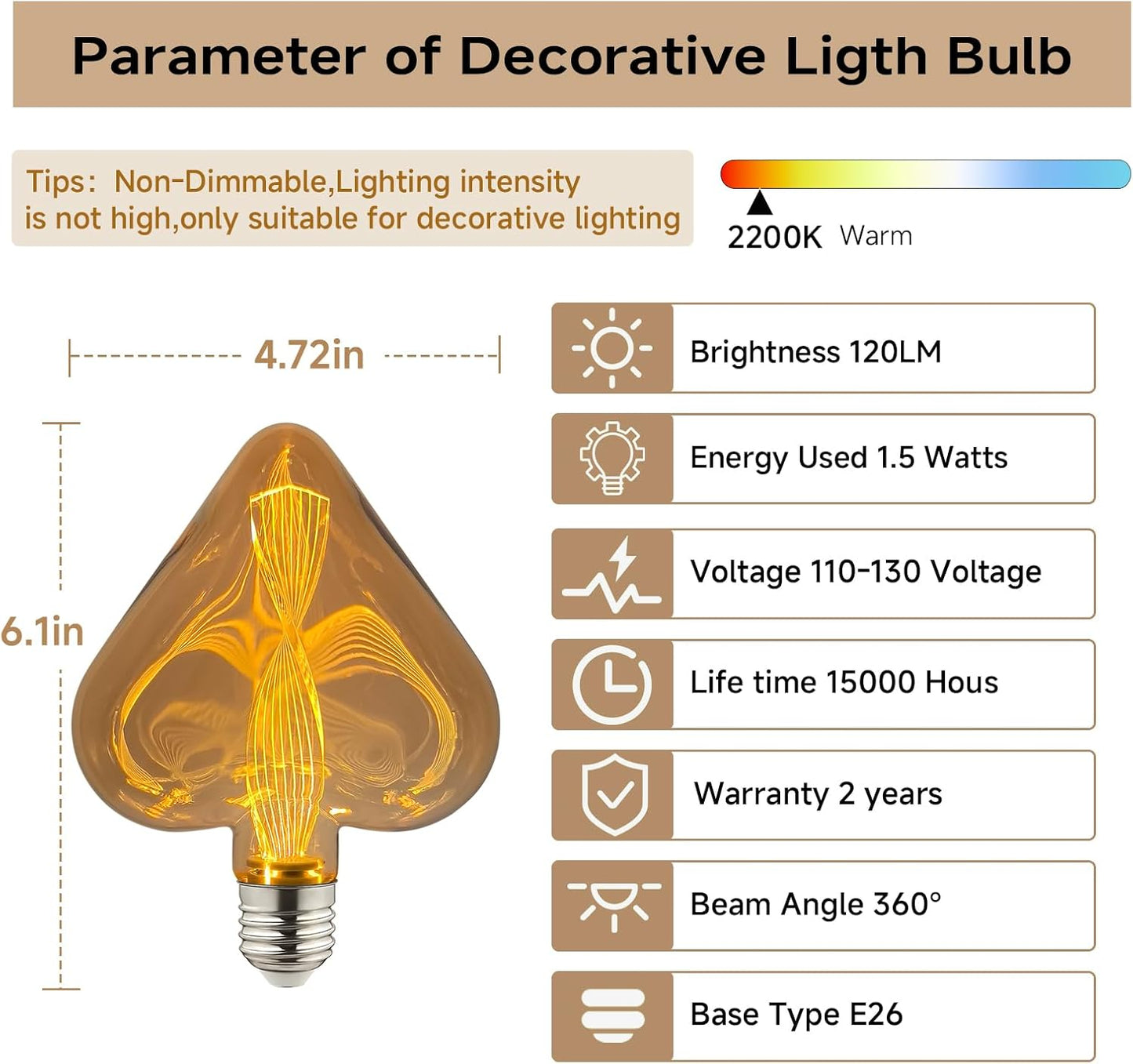 Led Decorative Light Bulbs - Amber Glass Heart Shape, 1.5W 2200K Warm Glow, Non-Dimmable LED Bulb for Bedroom, Bar, Shelving, Holiday Decorations