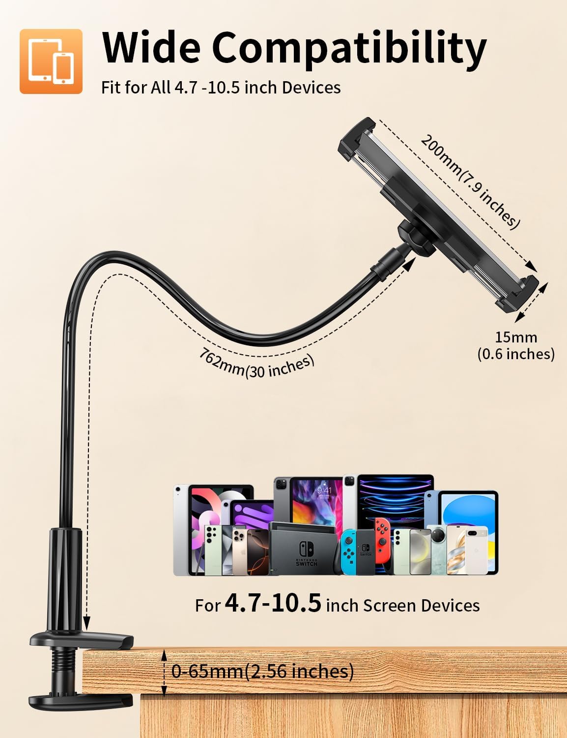 Gooseneck Tablet Holder Stand for Bed Adjustable Flexible Long Arm Tablets Mount Clamp on Table Compatible with iPad Air Mini | Galaxy Tabs | Kindle Fire | Switch or Other 4.7-12.9" Devices