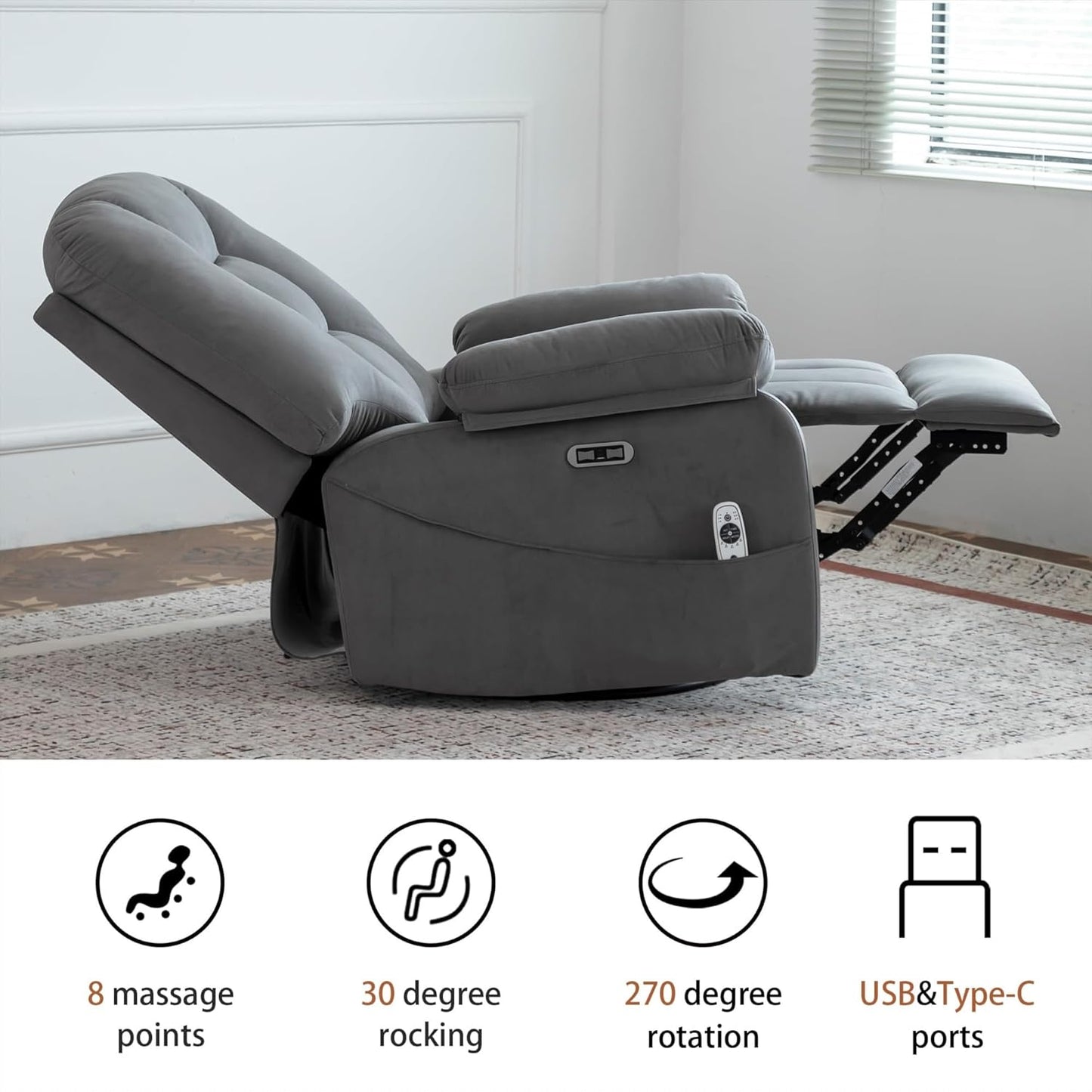 Velvet Grey Soft Fabric Power Swivel Rocker Recliner with Massage Heat USB Type C Port Infinite Position Electric Glider Chair Living Room
