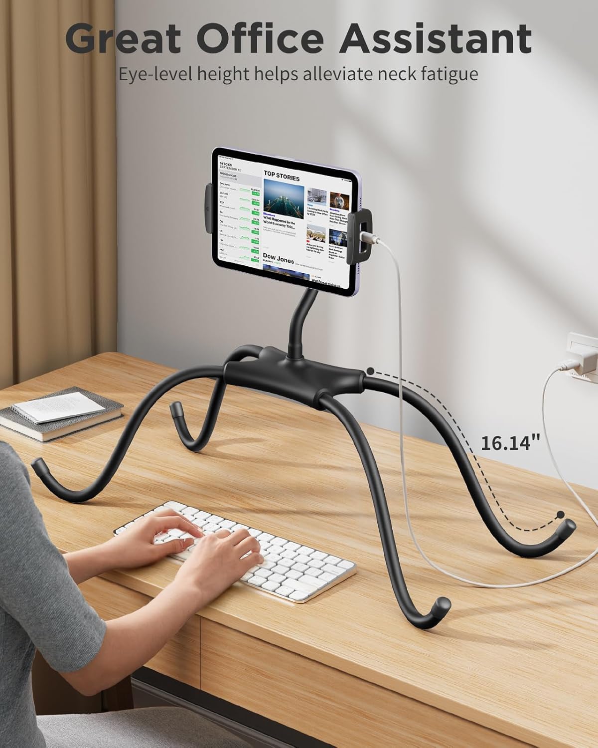 SAIJI iPad Stand, Adjustable Ergonomic Tablet Holder for Bed, Kindle Stand for Reading in Bed Fit for Tablet, Phone, Kindle, Portable Monitor, Switch and More 4.7"-17.3" Devices (Black)