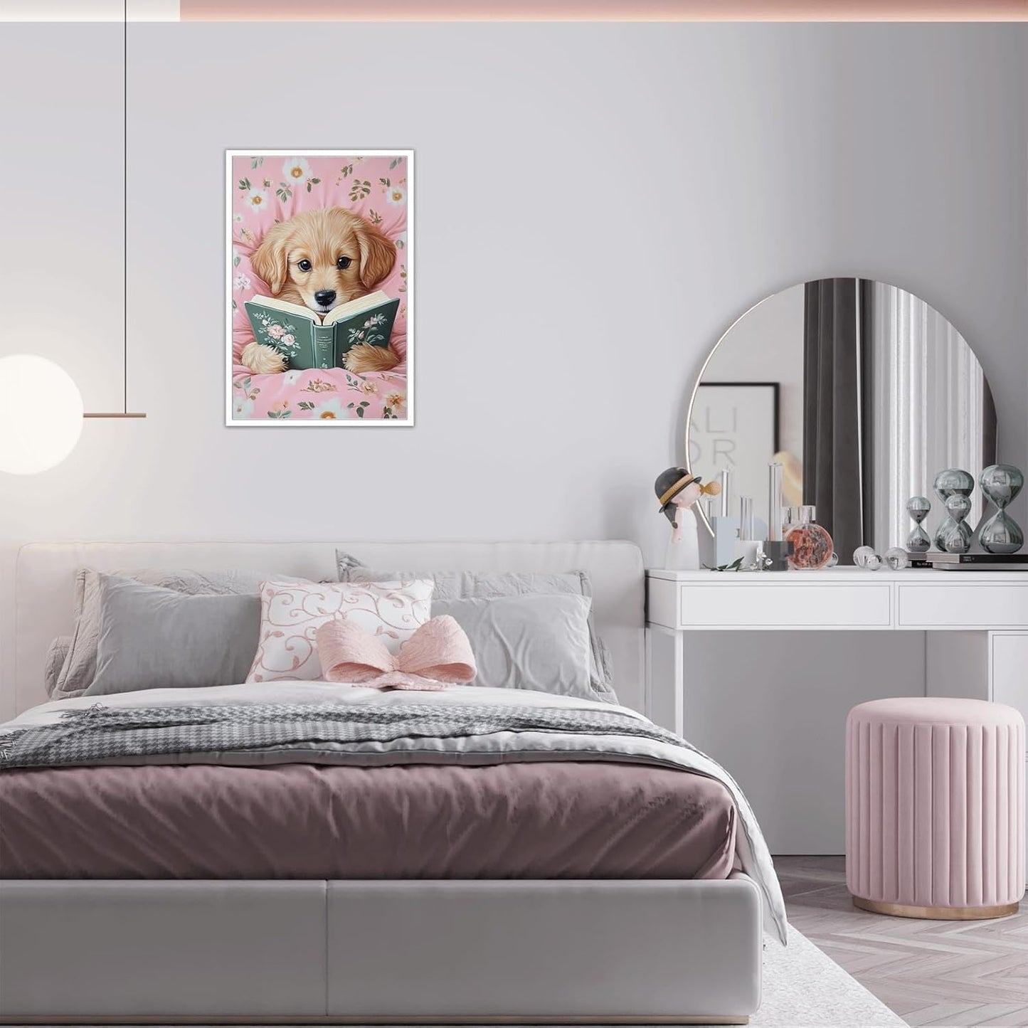 Cute Dog Reading In Bed Canvas Wall Art Trendy Funny Animal Poster Funky Minimalist Pink Room Flower Pet Aesthetic Prints Painting For Home Bedroom Kids Room Dorm Wall Decor 8x12in Unframed