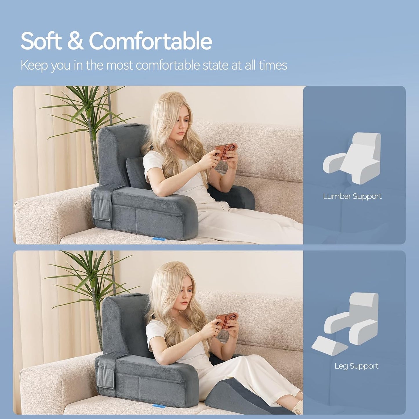 Kayfia Reading Pillow, 10 in 1 Back Pillow for Bed Sitting up with Detachable Arms Rest, Back Rest with Gel Memory Foam, Reading/Gaming/Working in Bed or Couch 19", Gray