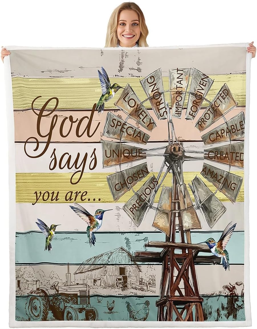Windmill Sherpa Blanket Queen Size, Rustic Farmhouse Throw Blanket Hummingbird Rooster Cow Farm Animal Fleece Blanket Wooden Board Vintage Country Western Plush Bed Blanket Windmill Bedroom Decor