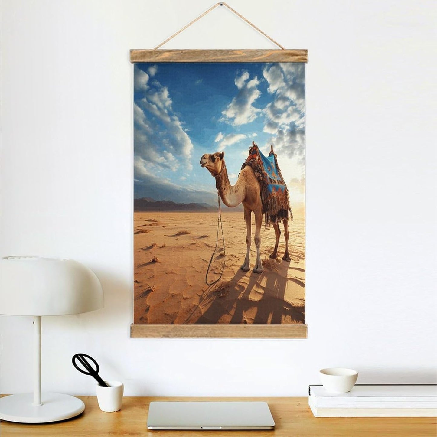 Vintage Camel Blue Sky Poster with Wooden Frame Personalized Linen Hanging Scroll Painting Rustic Wall Hanging Illustrative Modern Artwork Decor for Home Living Room Bedroom Office