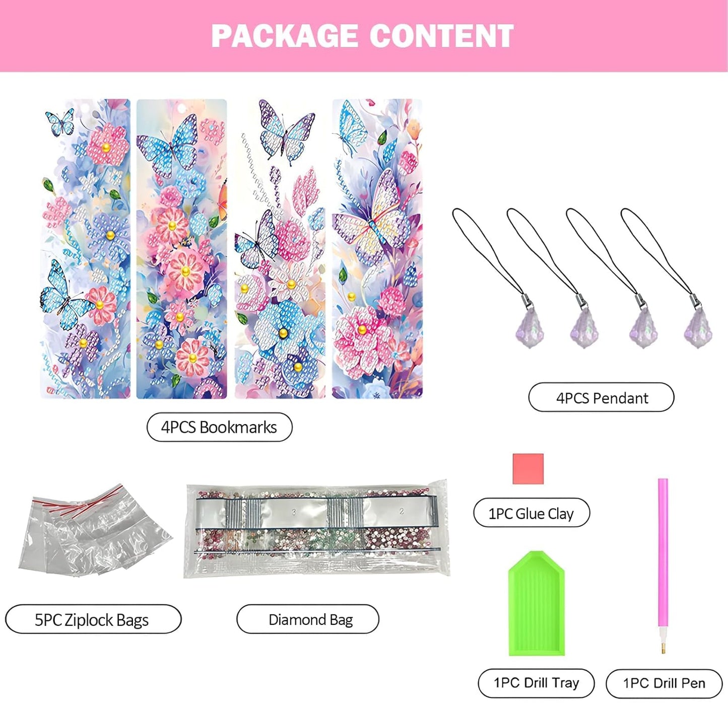 ACSAUMMY 4pcs Butterfly Diamond Painting Bookmark, 5D Diamond Art Bookmarks with Flower Design Beaded Rhinestone Pendant DIY Diamond Art Kits for Adult Crafts Reading Women Beginner Birthday Gift
