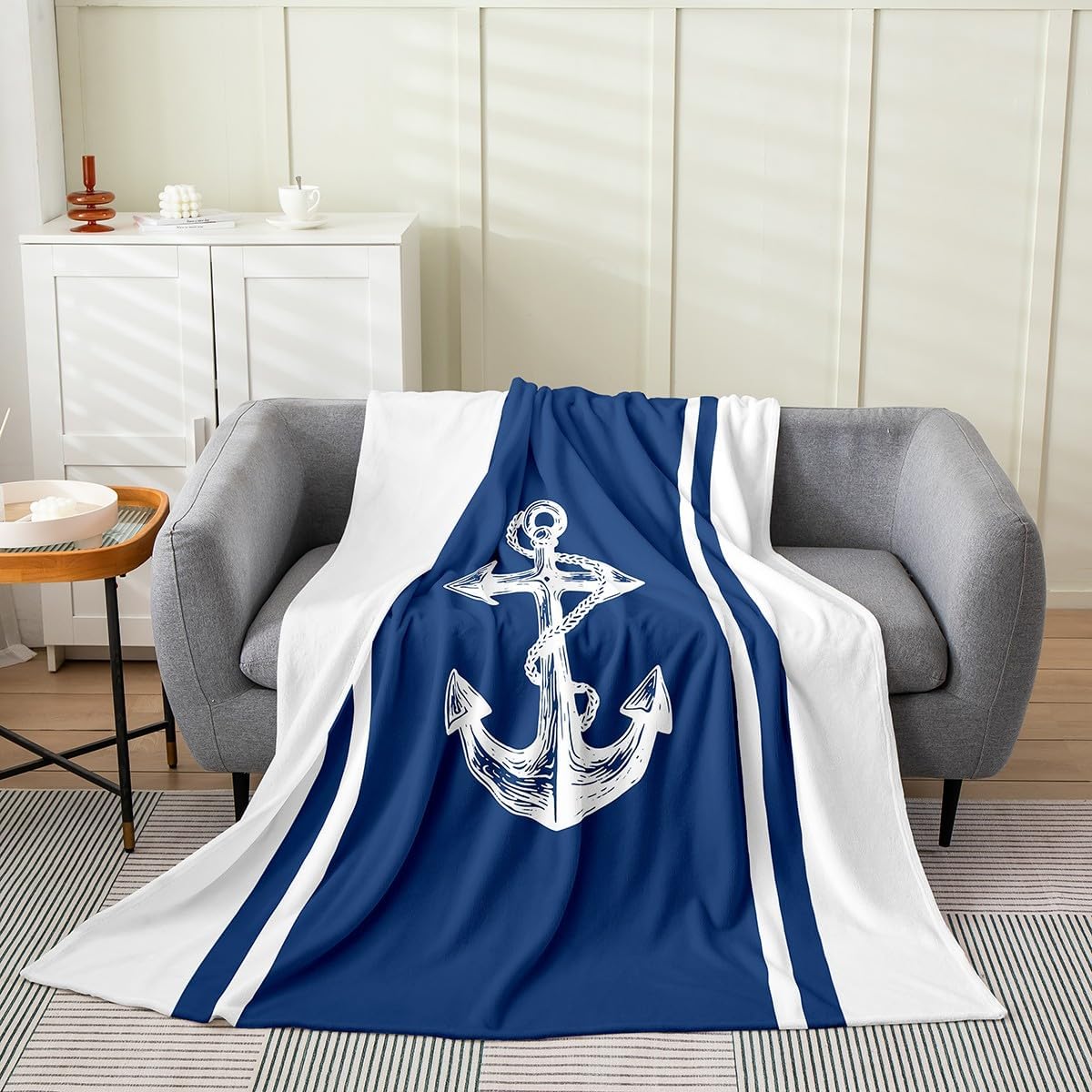 Feelyou Anchor Decor Stripes Blue White Flannel Fleece Throw Blanket 40"x50" Ocean All Season Bed Blanket for Sofa Couch Nautical Themed Fuzzy Blanket Breathable Nautical Plush Blanket Room Decor