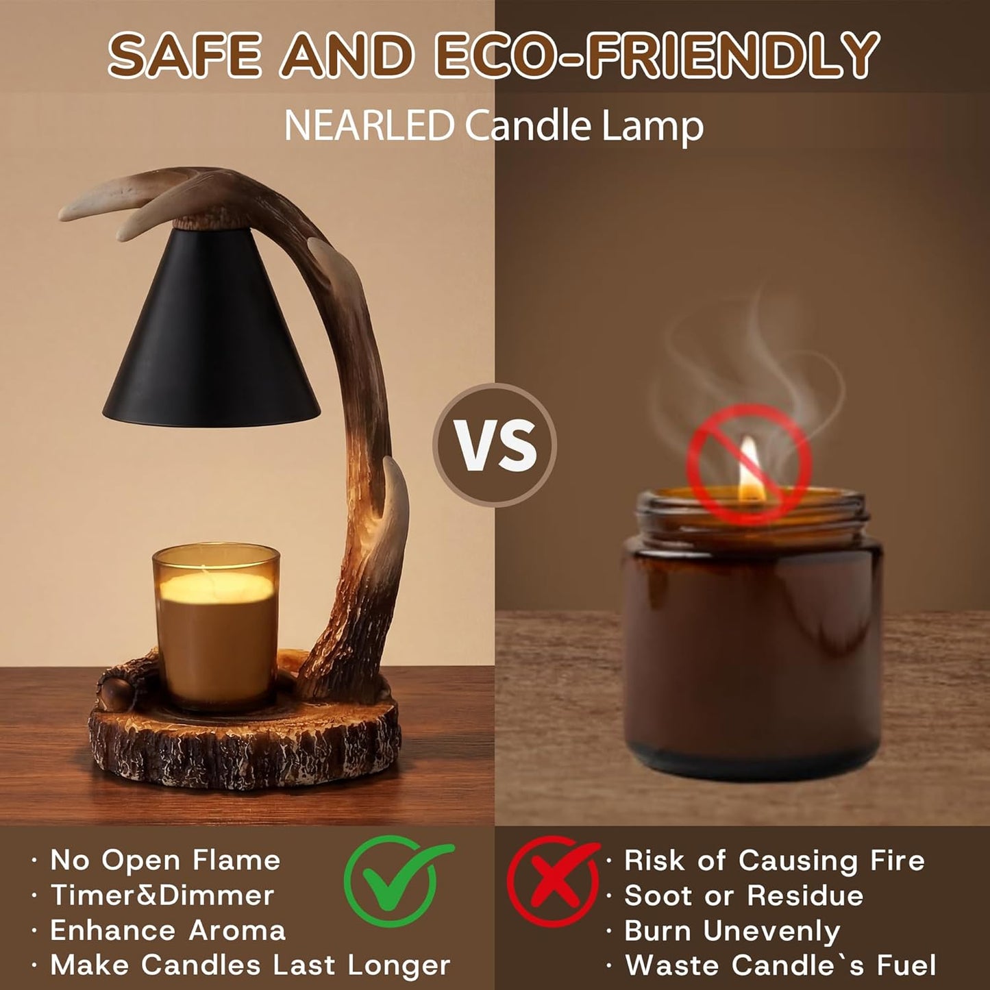 Timed Candle Warmer with Automatic Shut-Off Antler-Shaped Candle Melter Compatible with Jar Candles Dual-Bulb Design Perfect for Hunting Lodge Decor Ideal Housewarming Gift (Brown)