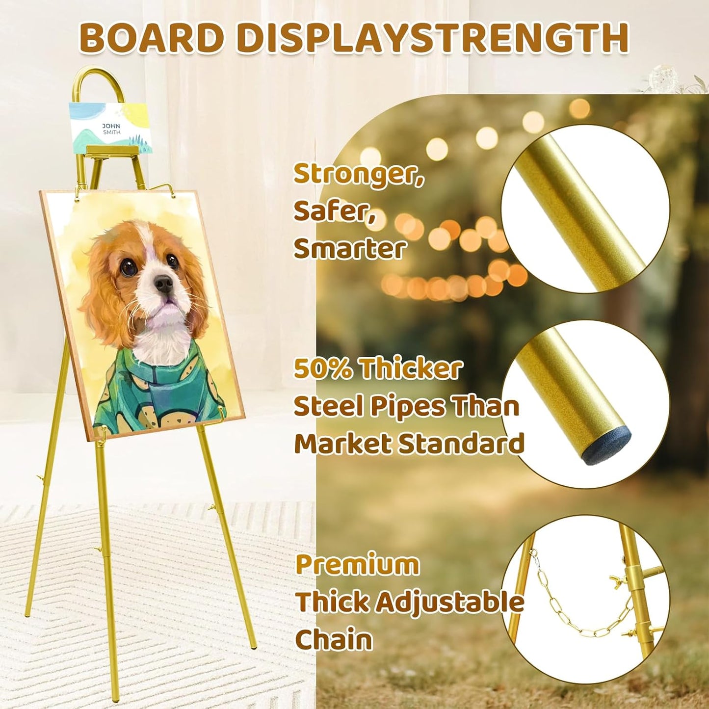 57"–42" Height Adjustable Gold Easel Stand for Signs, 4 Display Modes, Stable at Any Position with 4 Hooks – Perfect Welcome Sign Stand, Heavy Duty Easel Stand for Wedding Sign,Parties, Art & Events