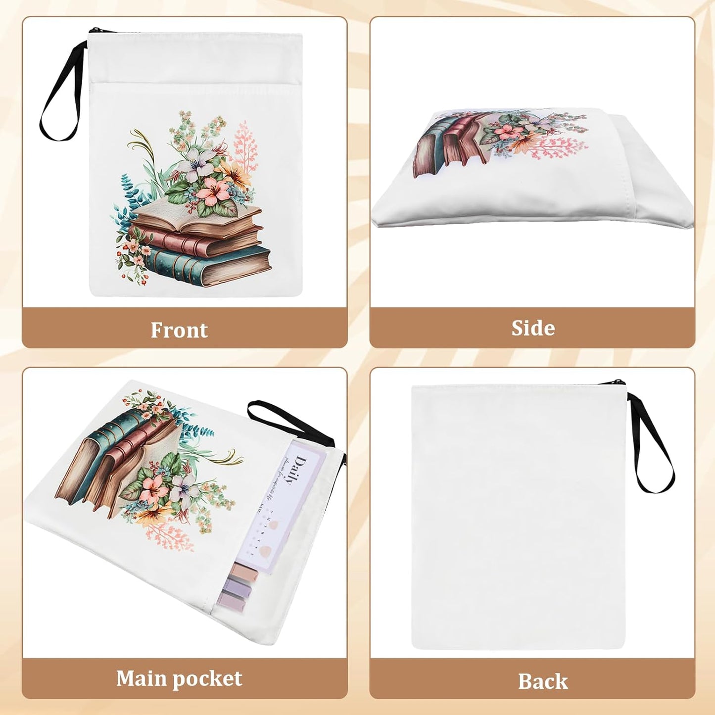 Fantasyon Book Sleeve Waterproof Book Protector Book Pouch with Zipper and Front Pocket, Floral Print Book Covers for Paperback Book Lovers Gifts Teacher Student, 11.65 x 9.45 inches