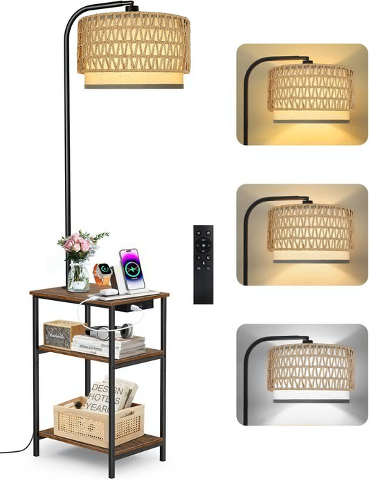 Floor Lamp with Table & Rattan Shade, Side End Table with Charging Station, Dimmable Nightstand with 3 Color Temperatures, 1-Hour Timer, 12W LED Bulb, for Living Room, Bedroom(Rustic Brown)