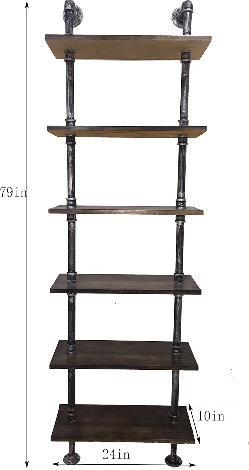 Industrielles Bücherregal, 6 Ebenen, modernes Leiterregal, Holzregal, Ausstellungsregal, Wandmontage, Metallregal, Bücherregal, Vintage Schmiedeeisen