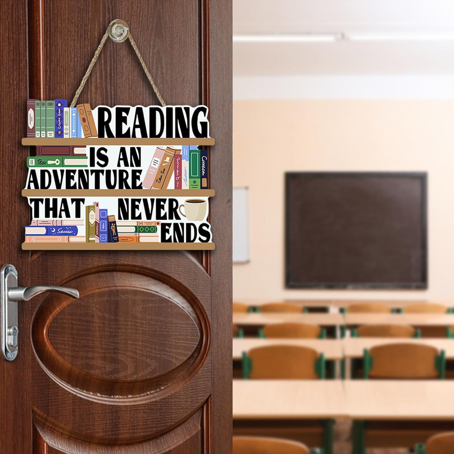 Reading is an Adventure That Never End Front Door Sign, Inspirational Reading Corner Wooden Hanger School Classroom Library Home Decor, Wreath Indoor Wall Hanging Decoration Book Lovers Gift