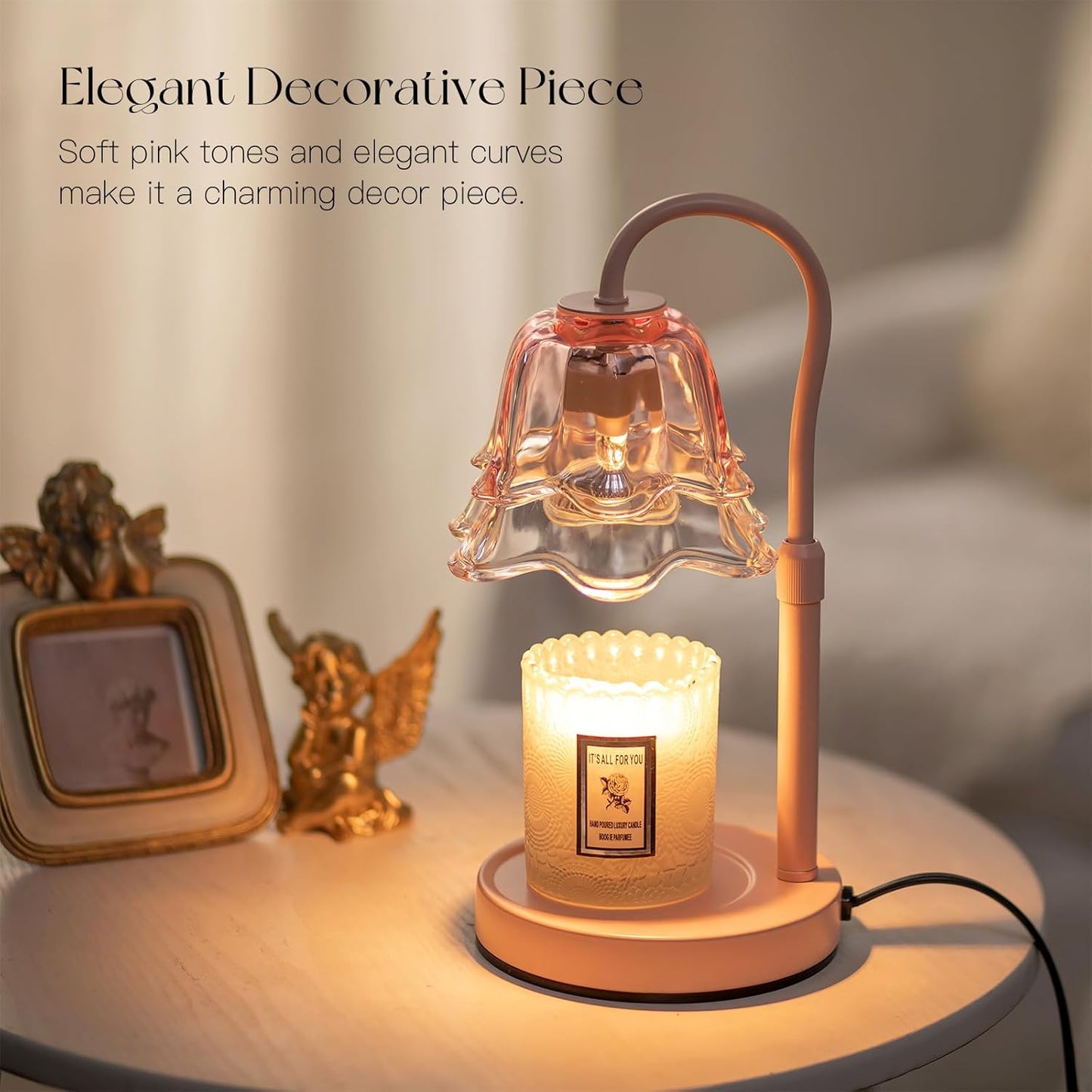 Candle Warmer Lamp with Timer: Pink Flower Candle Warming Lamp with 2 Bulbs Height Adjustable Wax Warmer Dimmable Coquette Preppy Room Home Decor Mothers Day Gift for Women