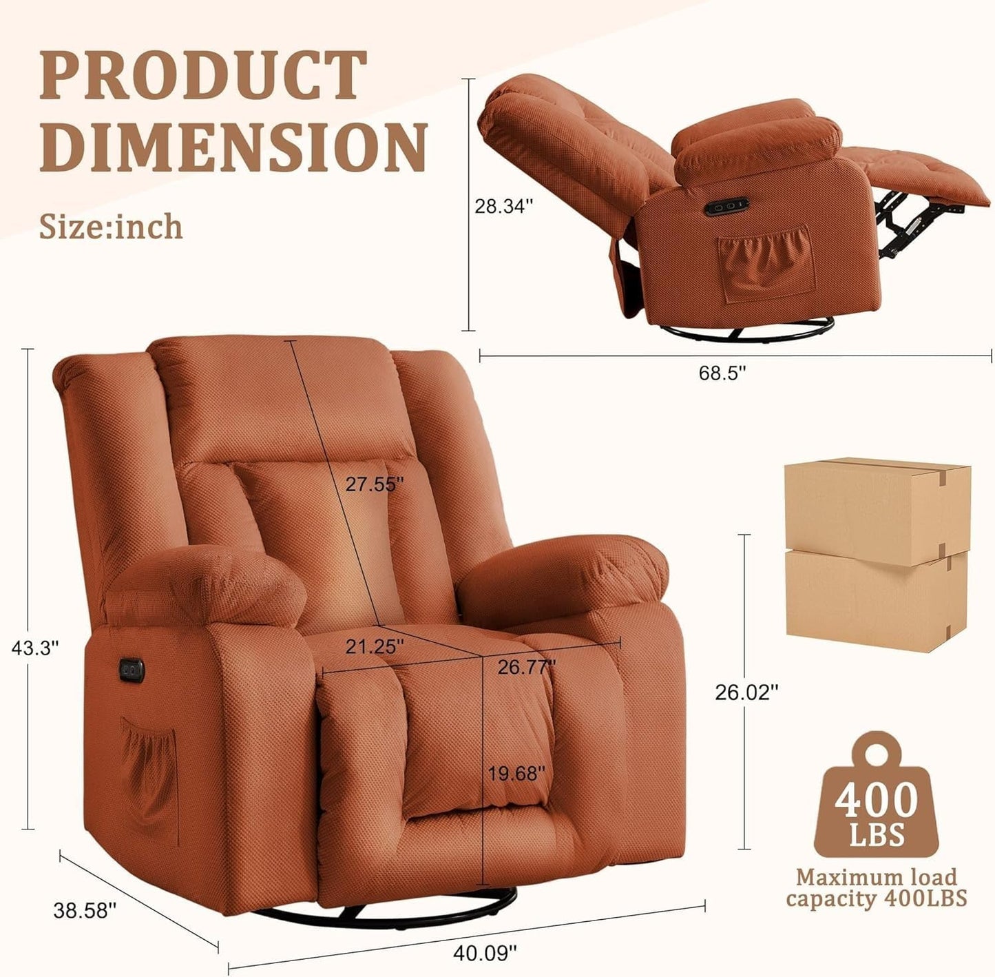 Swivel Rocking Chair with Heat and Massage Modern Electric Rocker Recliner Chairs with Extra Wide Fabric for Living Room Bedroom Meeting Home Theater