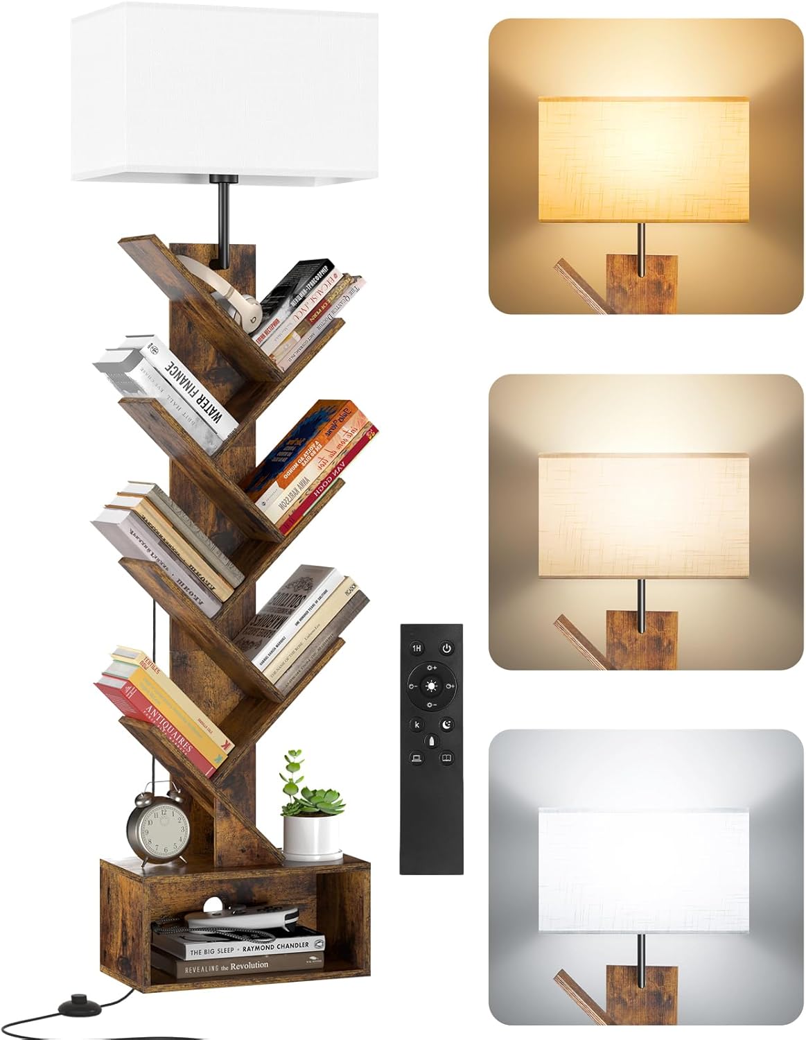 6 Tier Tree Bookshelf with Light, Remote & Timer, Modern Tall Floor Standing Book Shelf, Narrow Wood Bookcase, Small Book Organizer Shelves for Living Room, Bedroom, Office (Rustic Brown)