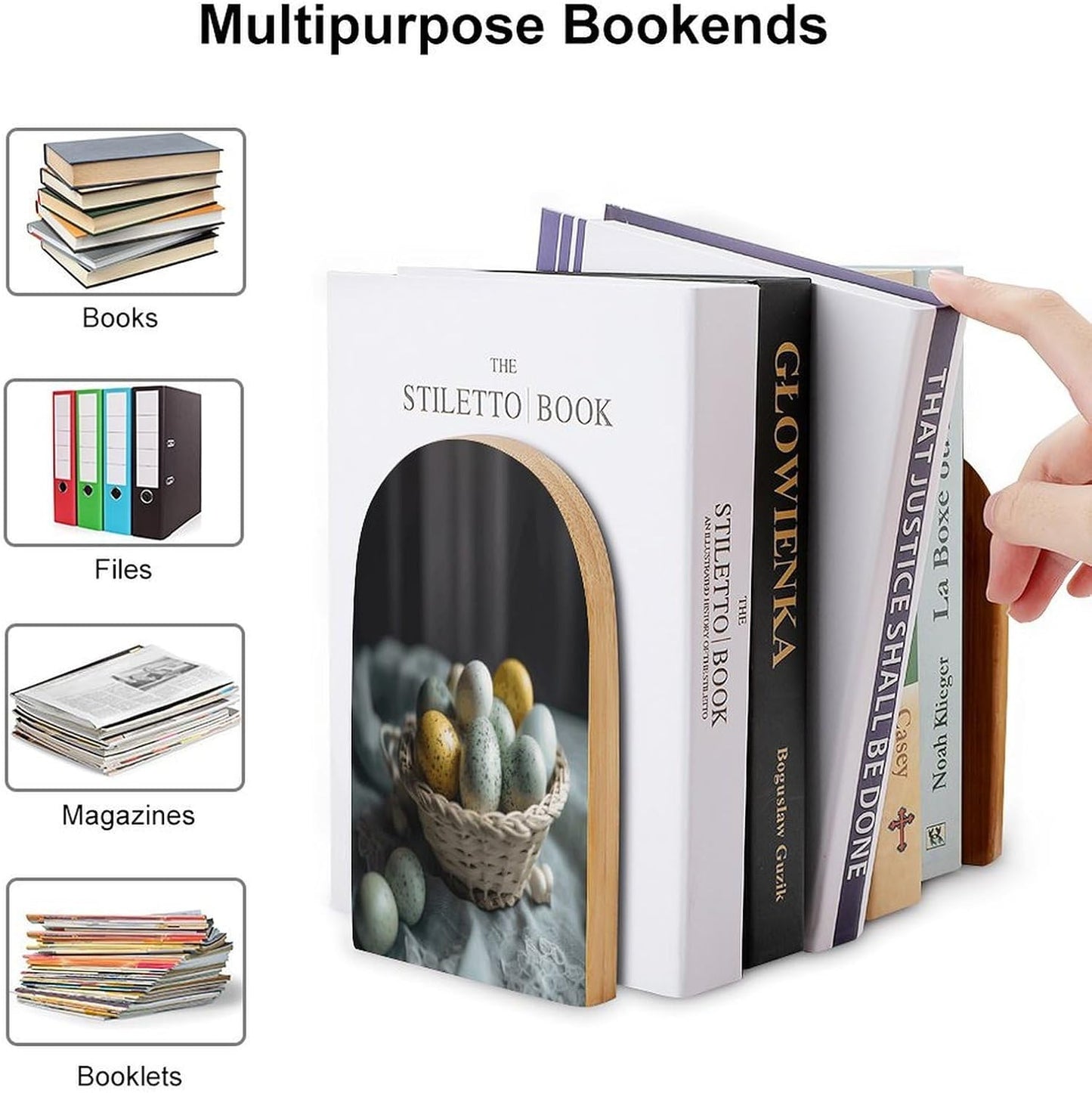 Easter Egg Basket Bookend for Shelves Wooden Book End Large Size Sturdy Book Holders Stoppers with Metal Base for Bookshelves Slick Decorative Bookends Stands