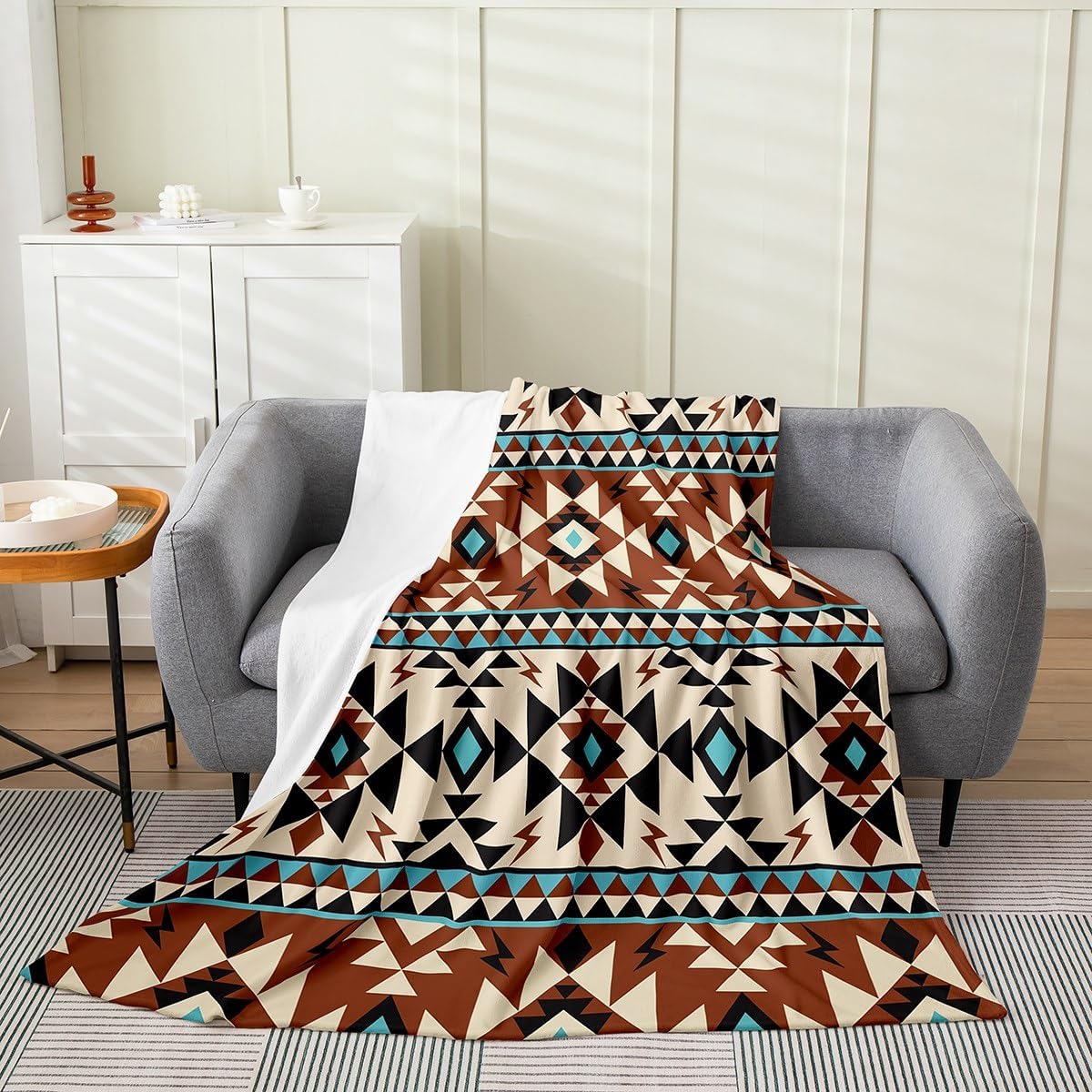 Aztec Patterned Fleece Blanket Aztec Aztec Stripes Throw Blanket Baby 30x40 Bohemian Geometric Blanket for Cowboy Cowgirl Southwestern Native Exotic Ethnic Tribal Sherpa Blanket, Brown Teal