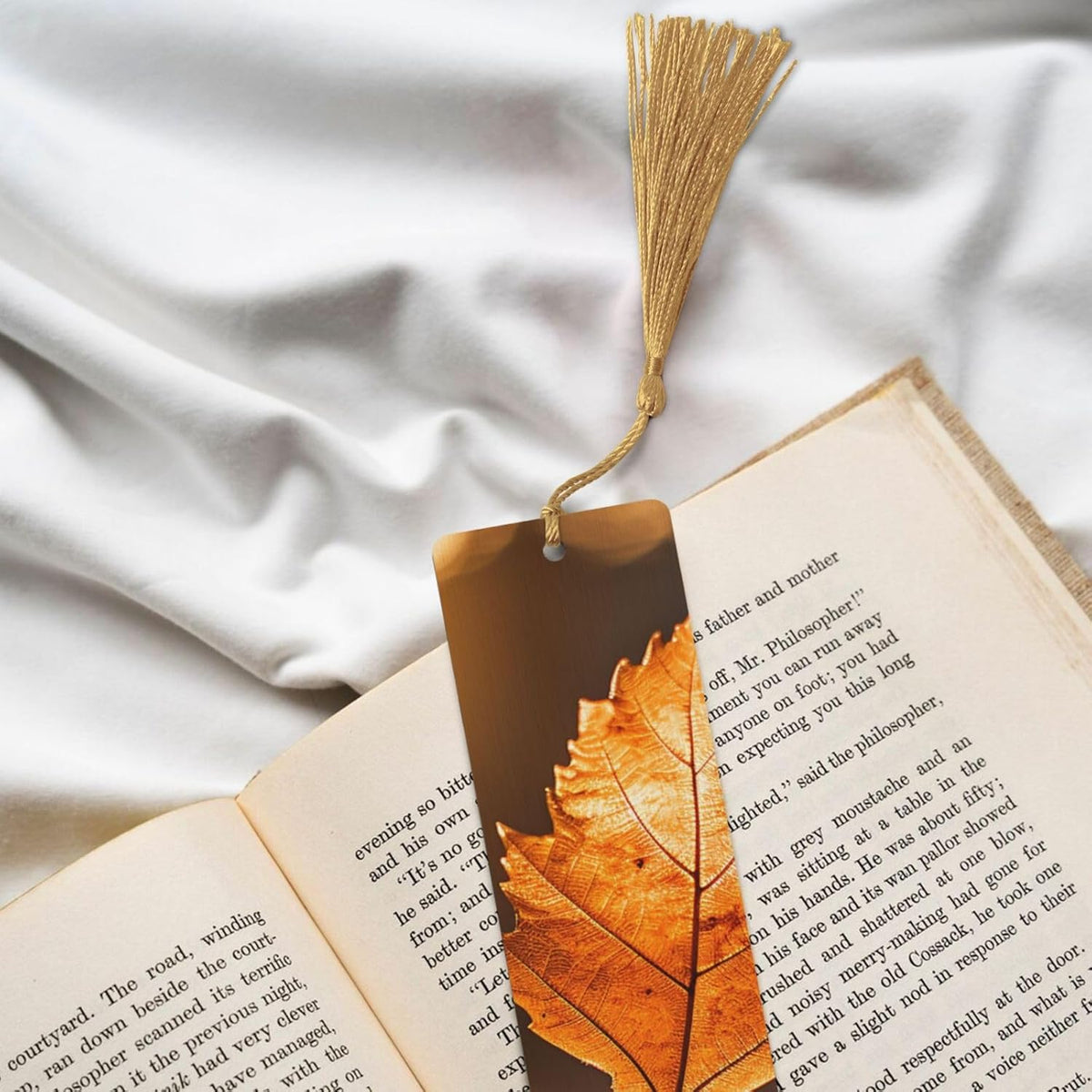 Orange Leaves Bookmarks Gifts for Women Men, Wooden Bookmarks for Book Lovers, Vintage Book Marks Ornaments with Tassel, Unique Personalized Reading Page Markers Gold