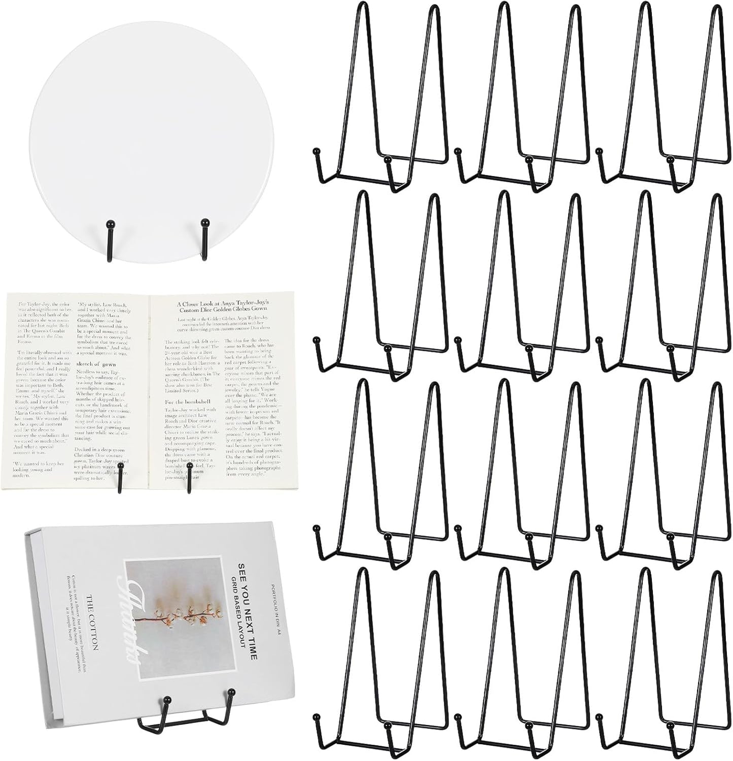 12 Pack 6 Inch Metal Plate Display Stands, Black Multi-Purpose Easel Stands for Photos/Books/Plaques/Artwork, Tabletop Holder