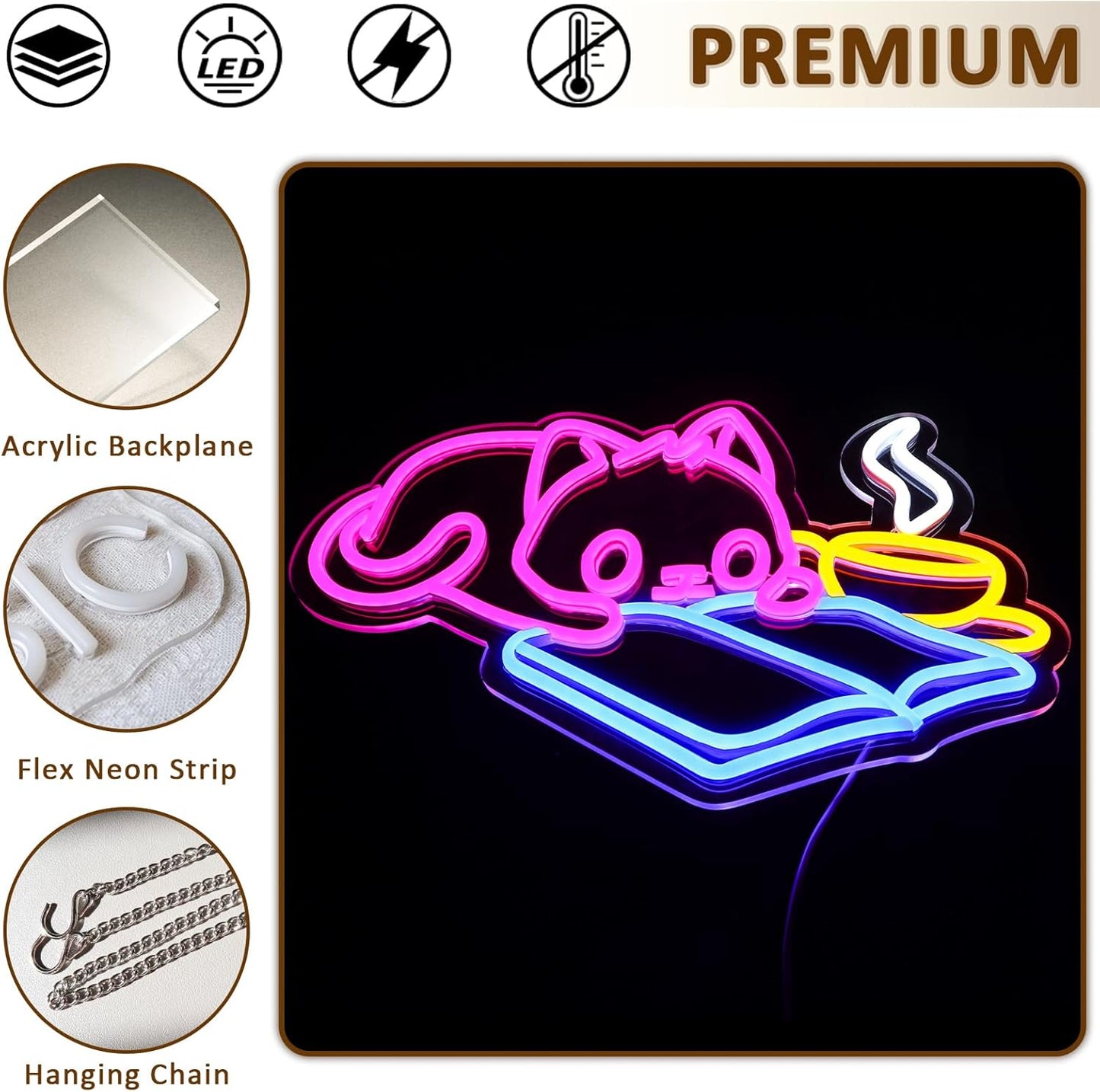 Cat Reading Book Neon Sign for Wall Decor, Cute Cat Led Signs for Library, USB Dimmable Neon Lights for Classroom Reading Cafe Corner Bedroom Study Room Home Book Club Motivational Wall Art