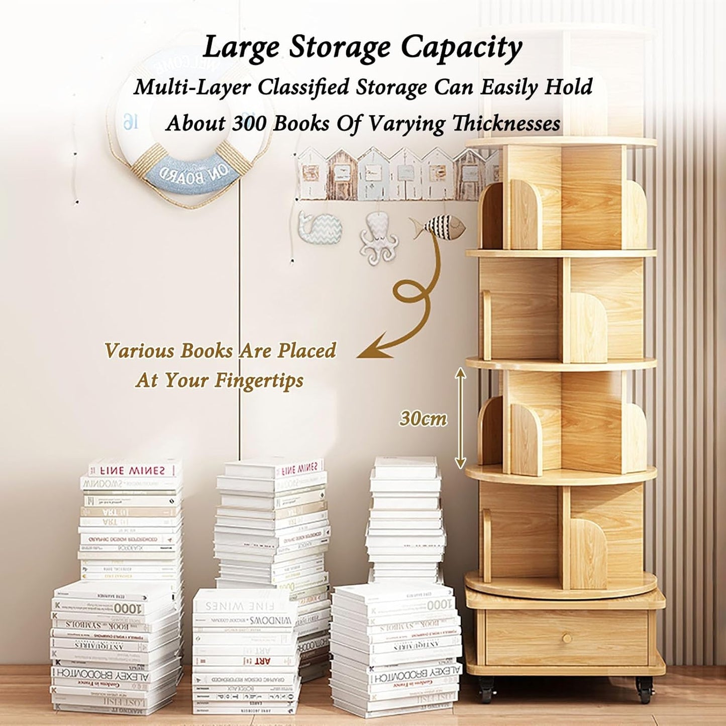 5 Tier Rotating Bookshelf 360 Display With Wheels Spinning Bookshelf Tower For Adult Floor Standing Bookcase Dtorage Rack With Drawer Circular Bookshelf Rotating For Living Room Study Room Office