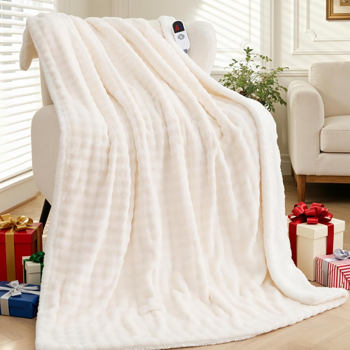 Heated Throw Blanket 50"x72", Electric Blanket with 3D Bubble-Shaped, Soft Flannel and Thickened Sherpa Fleece, 6 Heat Settings, 1-4H Timer, Couch Heated Blanket, Machine Washable, Gift, White