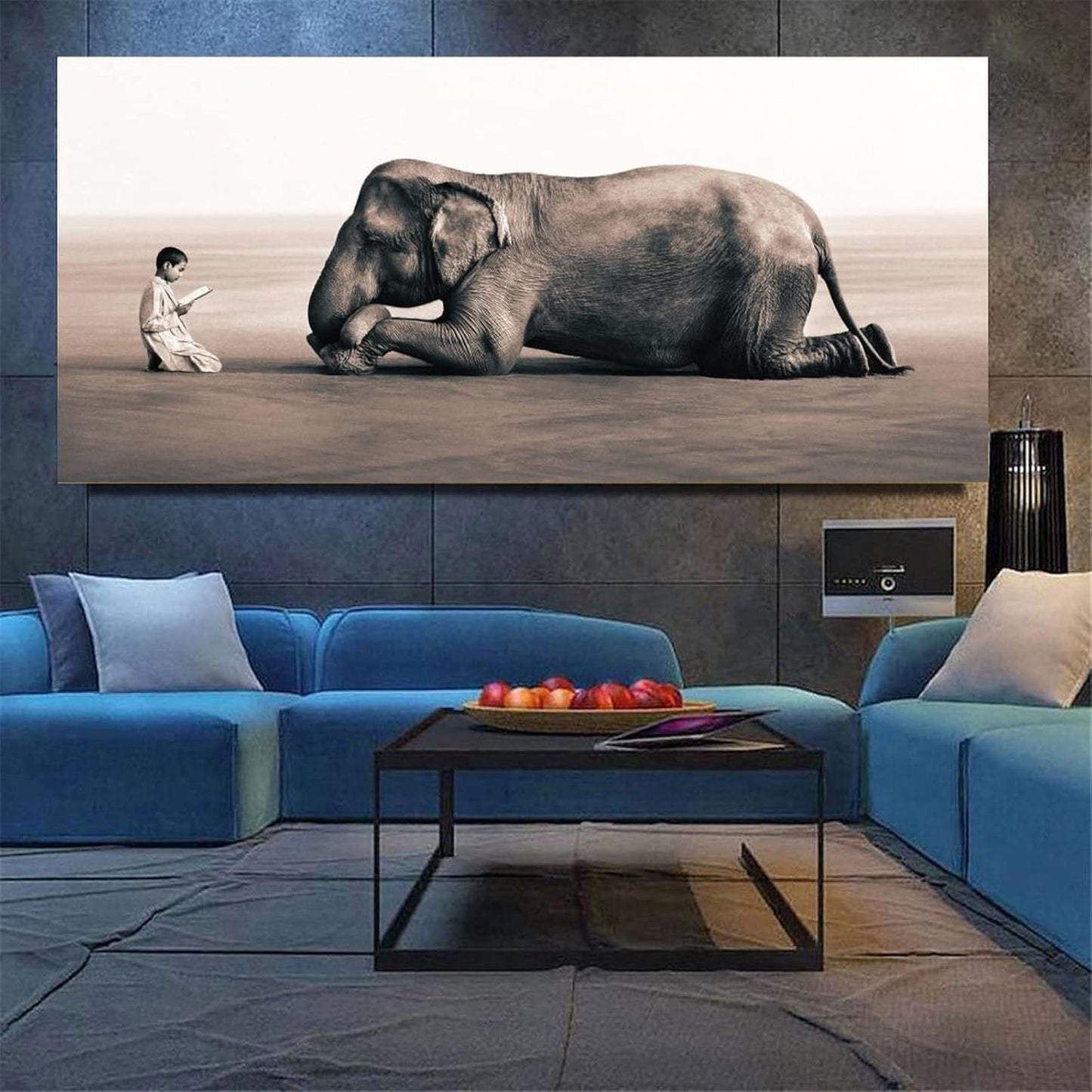 Boy Reading in Front of Elephant Poster Canvas Paintings Black and White Wall Art Prints for Living Canvas Painting Wall Art Poster for Bedroom Living Room Decor 08x16inch(20x40cm) Frame-Style-1