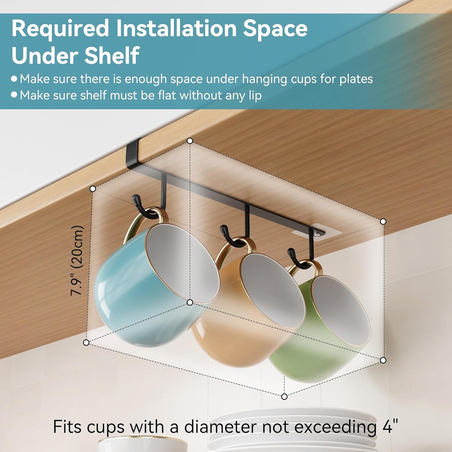 ECROCY Coffee Mug Holder Under Cabinet, 3pcs Coffee Cup Holder Only Fits Flat Shelf Without Any Lip, Clip-On Mug Hooks No Drilling Free Damage