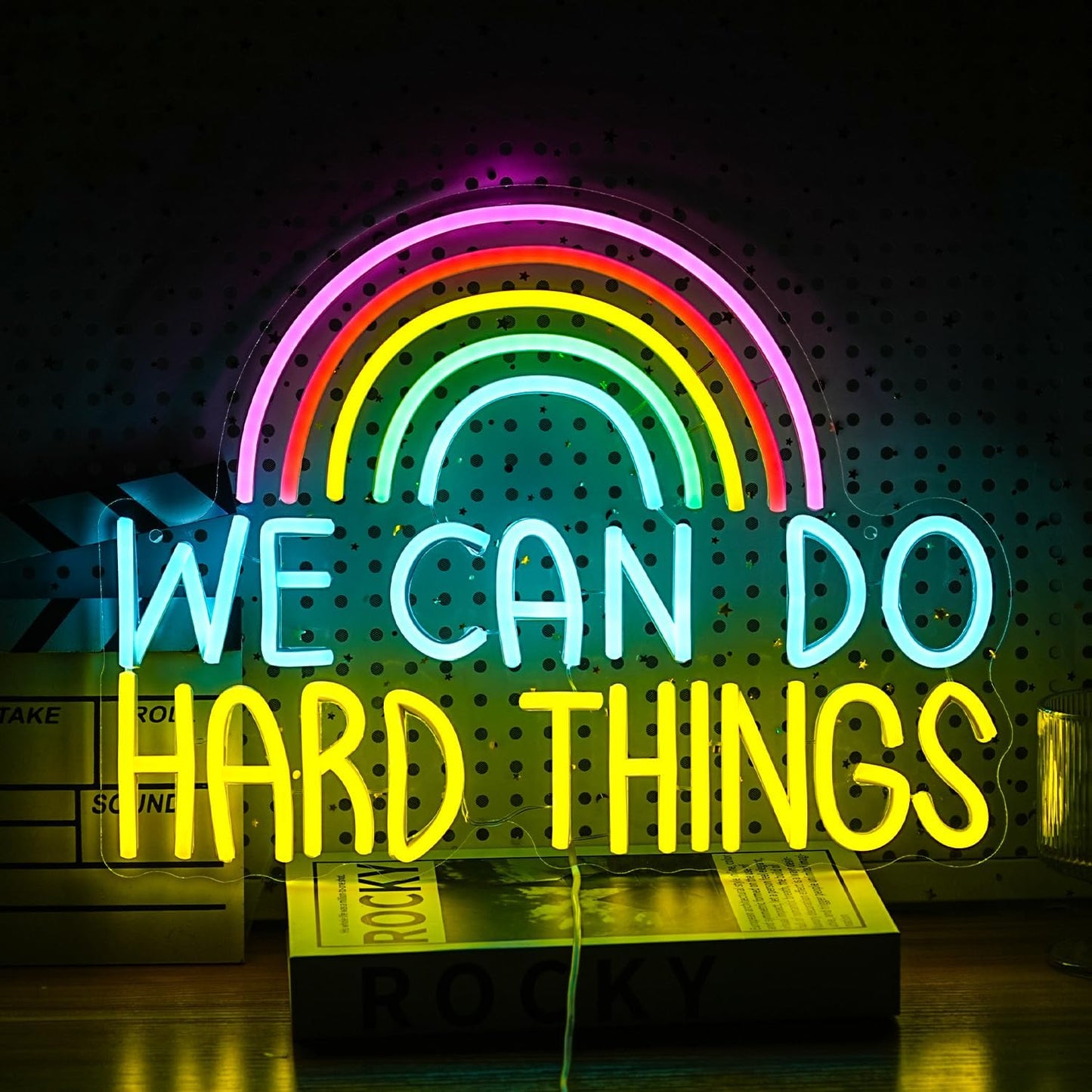 We Can Do Hard Things Neon Sign USB Powered Rainbow Neon Light for Wall Decor Colorful Dimmable LED Light Up Sign for Bedroom Classroom Party Practical Activity Title(16.3 * 12.4In)