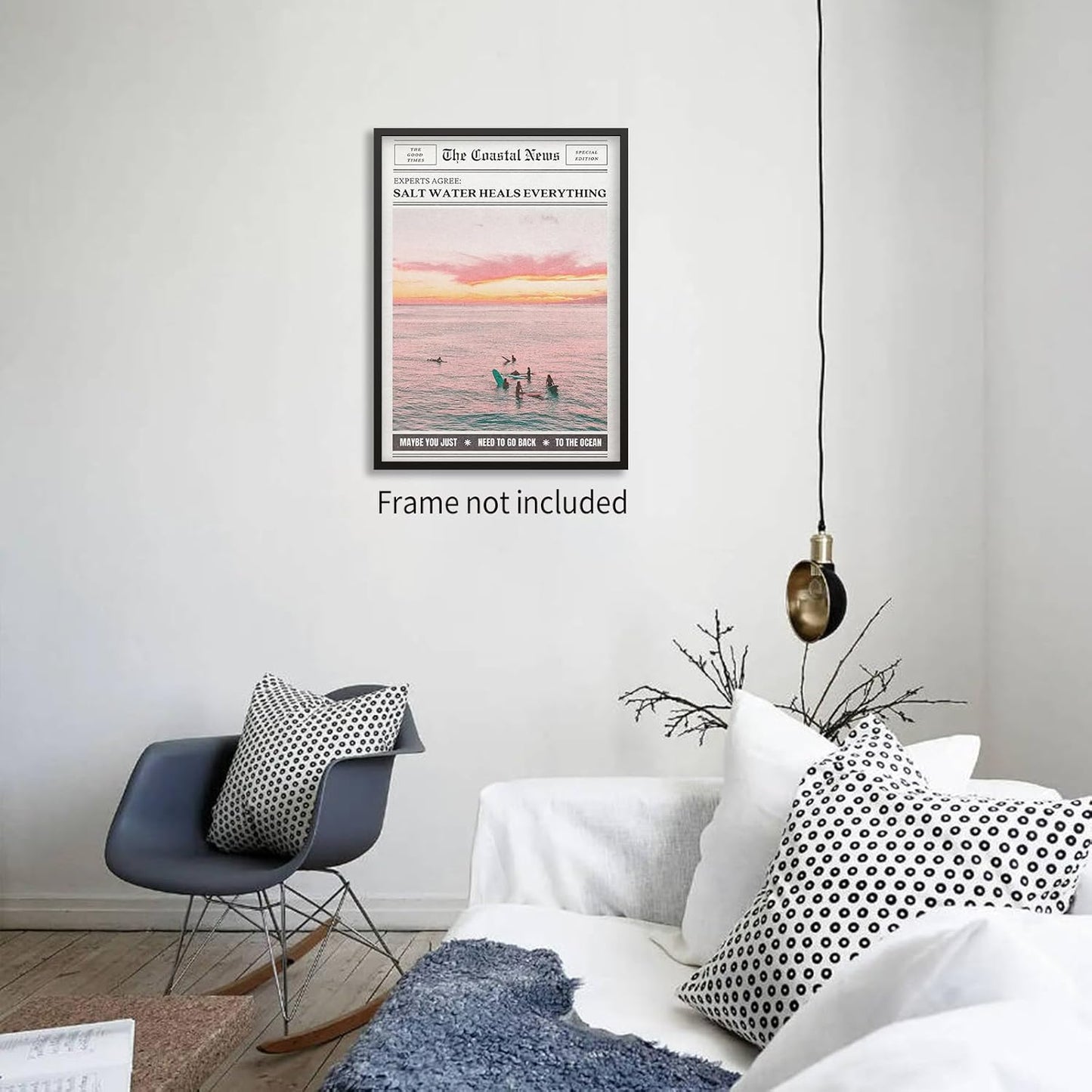 Pink Beach Newspaper Posters Vintage Fashion Coastal Girl Surf Wall Art Grainy Salt Water Heals Everything Canvas Prints for College Dorm Bedroom Wall Decor 12X16 inch Unframed