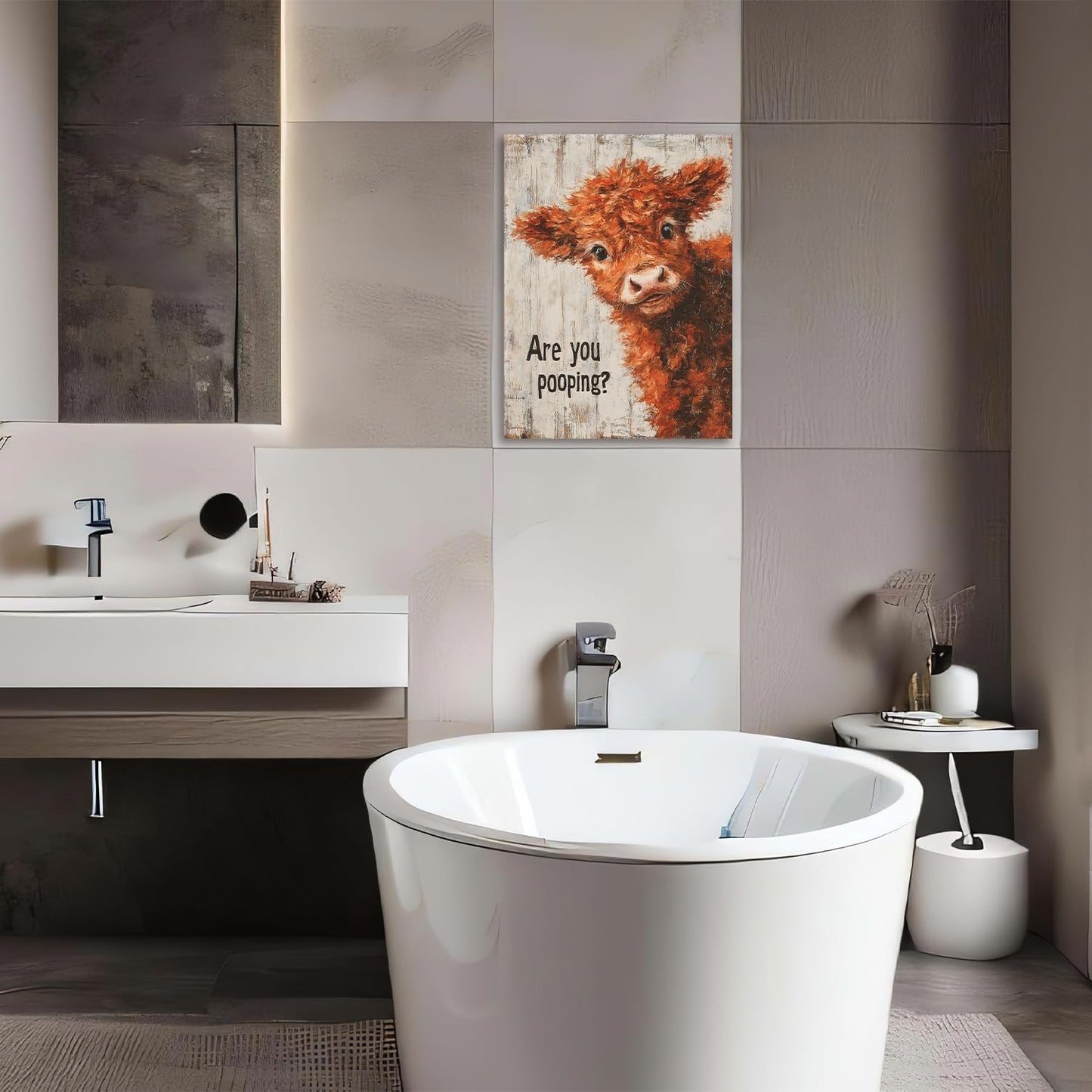 Funny Highland Cow Canvas Wall Art Are You Pooping Sign Poster Highland Cow Pictures Painting Modern Prints Framed Artwork for Toilet Bathroom Washroom Wall Decor 12"x16"