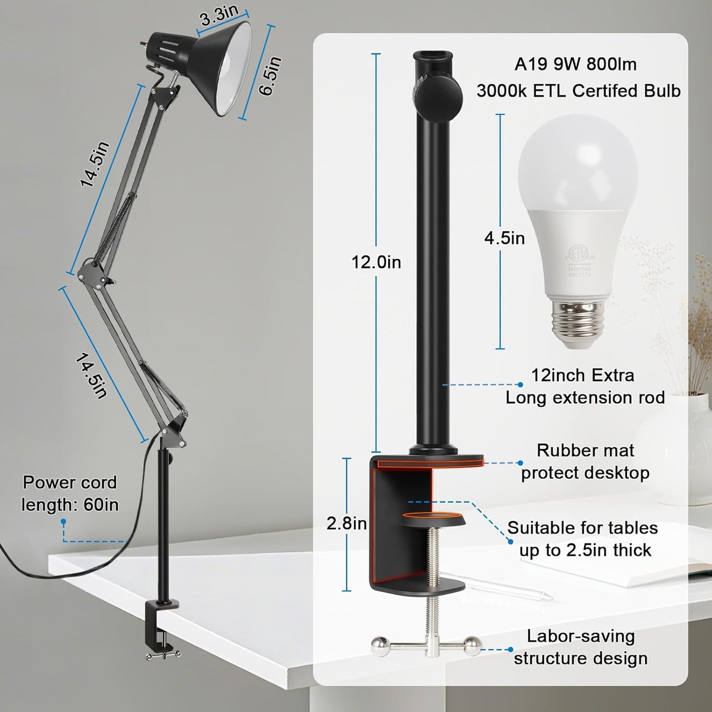 LED Clamp on Desk Lamp,360°Adjustable Swing Arm Desk Lamp,Clamp Light with Eye-Caring LED Bulb for Home Office Reading Drafting