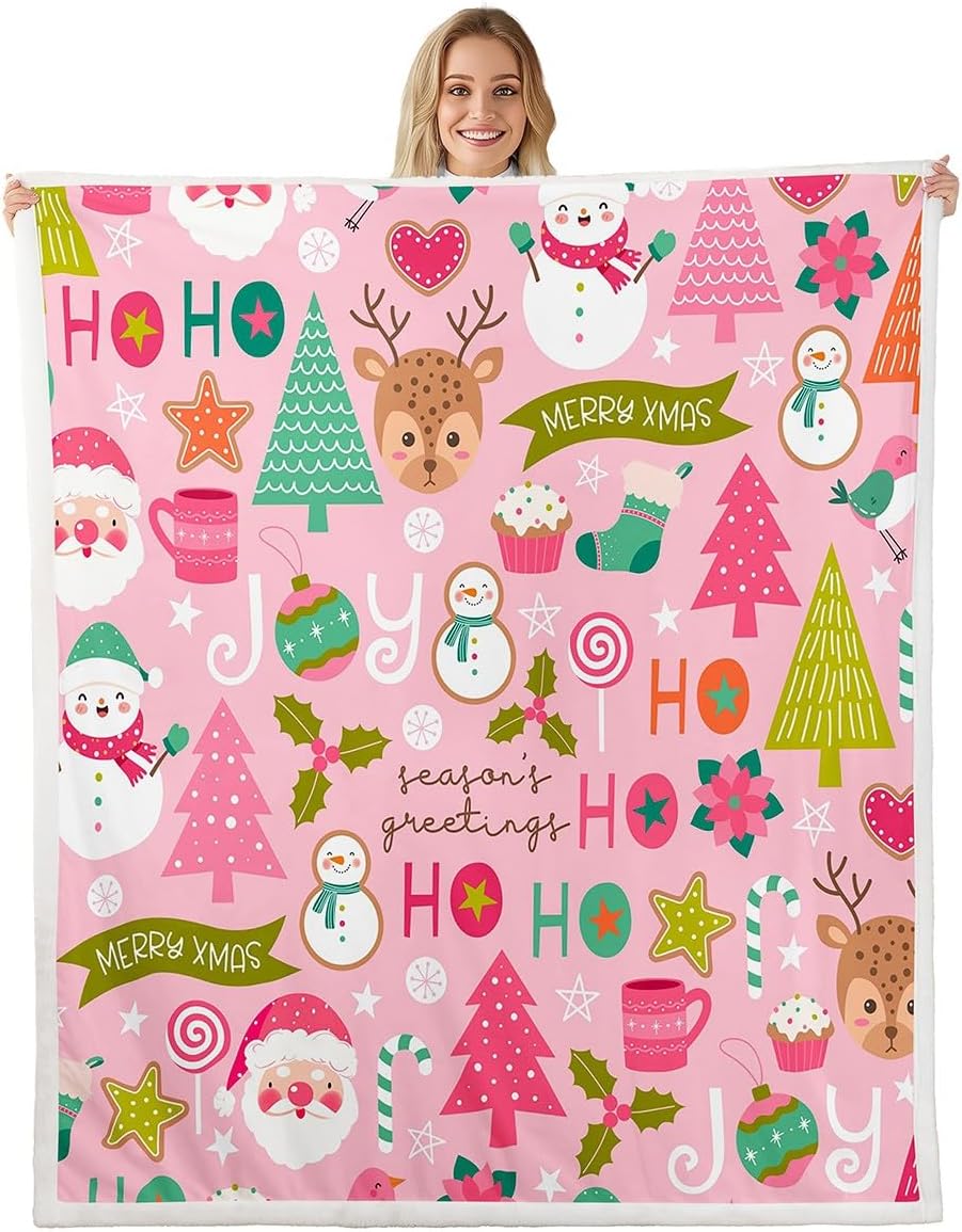 Erosebridal Pink Christmas Throw Blanket - Cartoon Santa Claus Fleece for Kids, Boys, Girls, Women - Snowman Pine Fuzzy Sherpa With Christmas Tree, Cute Deer - Baby Size Xmas Decor
