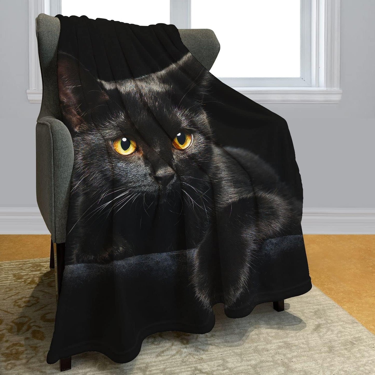 Black Cat Throw Blanket Modern Black Decorative Big Eyes Black Cat Fleece Blanket Soft Warm Cozy for Kids Adult Gifts 50"x60"