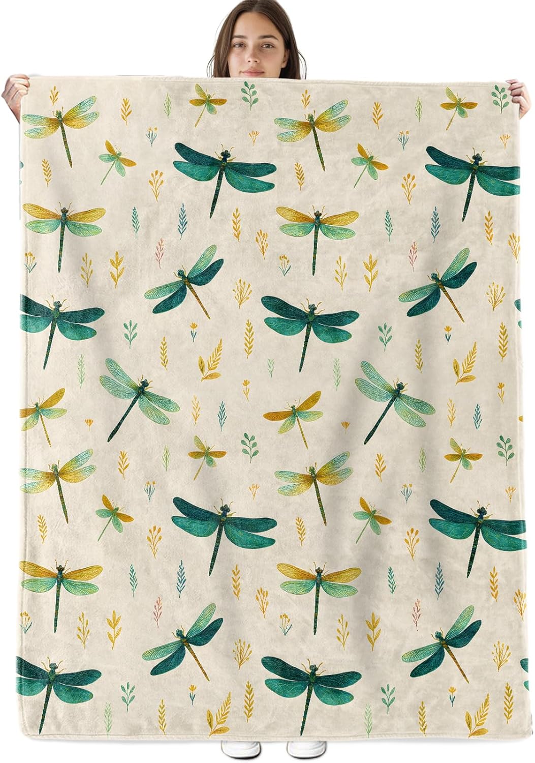 Dragonfly Meadow Blanket Soft Cozy Flannel Throw Blankets, Green Insect and Leaf Watercolor Art Throws for Couch Bed Sofa Living Room Nature Decor, Gifts for Garden Lovers Women Adults 60"×50"