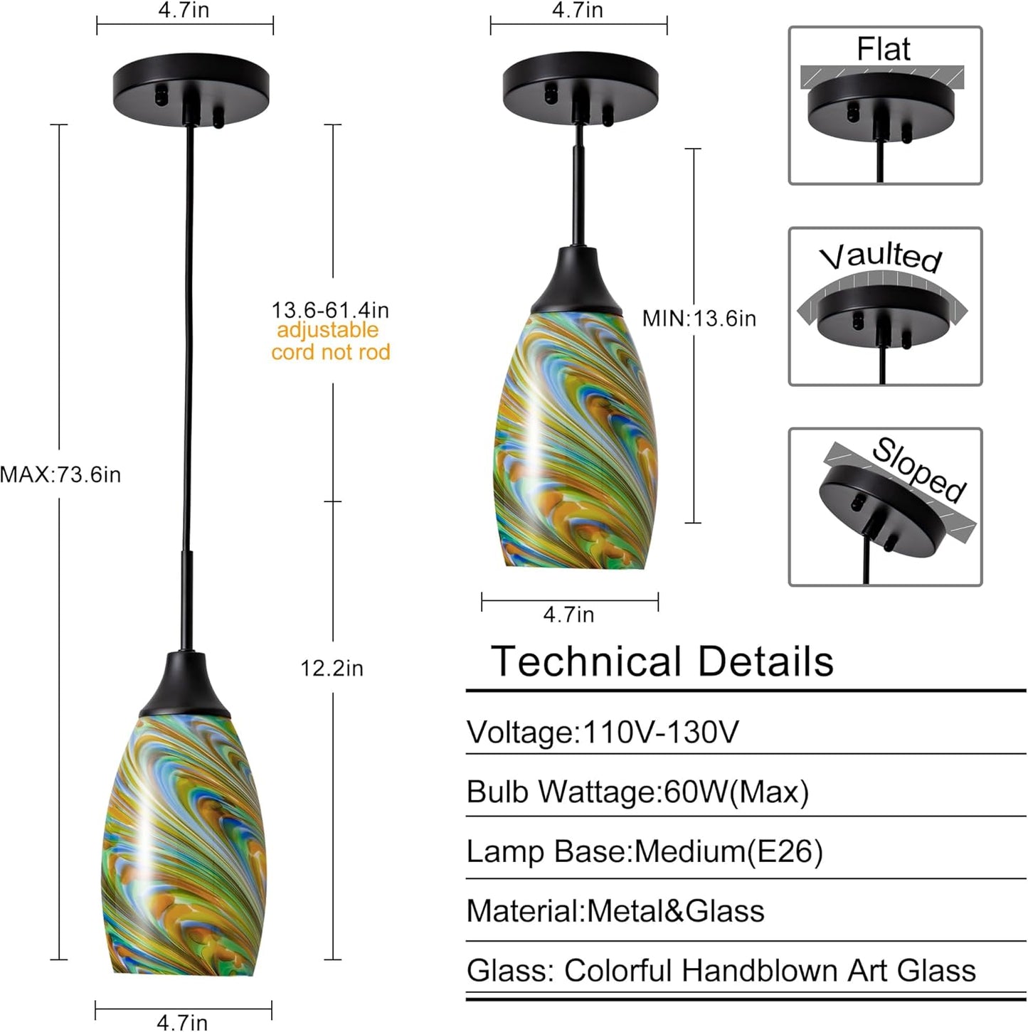 Mini Glass Pendant Light 4.72" Colorful Pattern Oval Pendant Lights 1-Pack Handblown Art Glass Hanging Pendant Light for Kitchen Island Dining Room Living Hallway Matte Black Metal