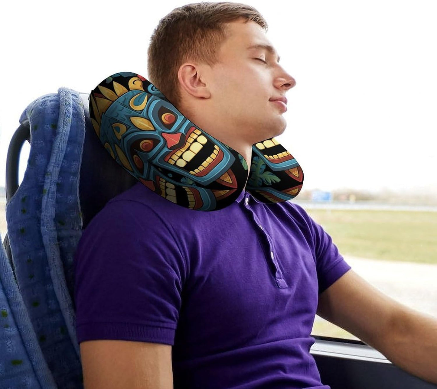 Colorful Tiki Mask Pattern Neck Pillow Memory Foam U Shaped Pillows Portable Pillows for Shoulder Travel Head Support Pillow with Concealed Zipper for Airplane Car Home Office