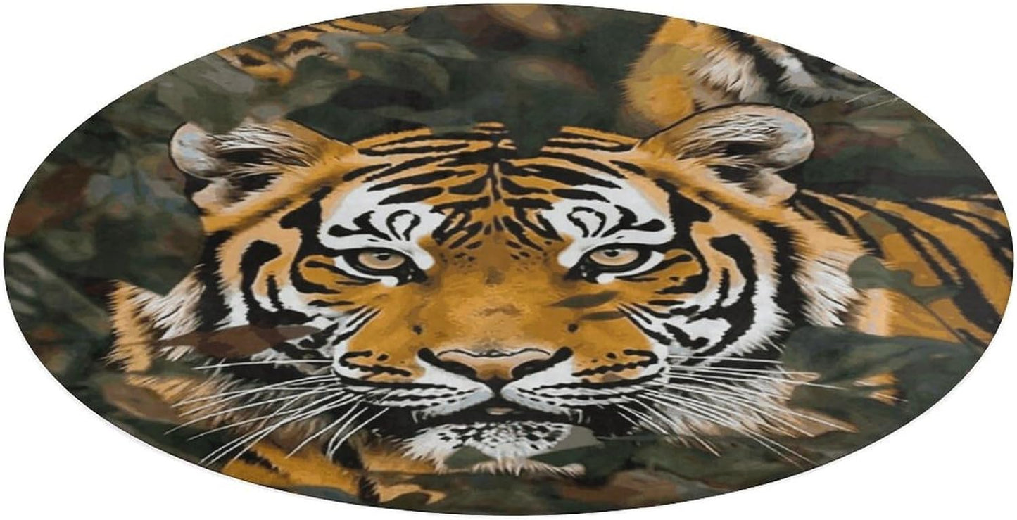 Camouflage Tiger Circle Rug Retro Luxury Coral Velvet Floor Mat Non Slip Soft Indoor Floor Carpet Comfy Thickened Area Rugs Modern Aesthetic Minimalist Carpets for Home Decor