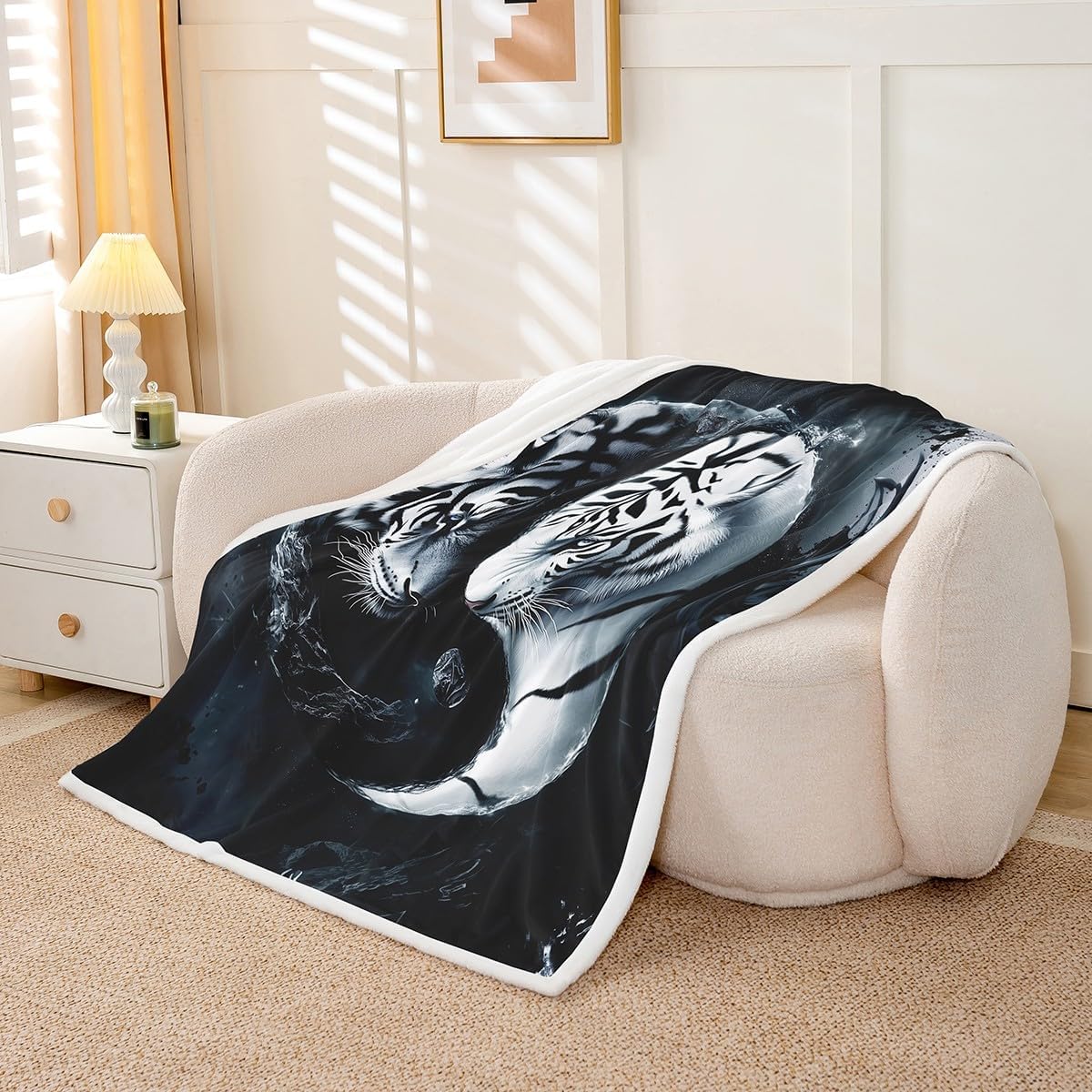 Erosebridal Black and White Tiger Blanket Gothic Fleece Blanket,Yin and Yang Style Throw Blanket 60"x80",African Big Cat Bed Blanket Wild Animal Room Decor