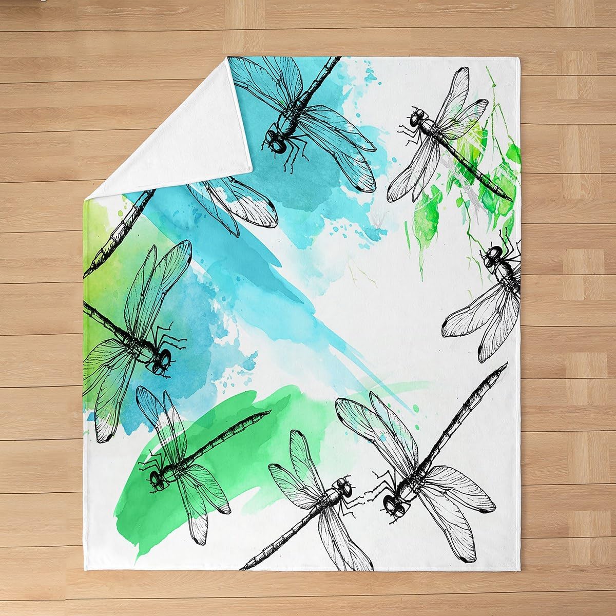 Kawaii Dragonfly Kids Flannel Fleece Throw Blanket Queen 90"x90" Gifts for Sofa Couch Women Fuzzy Blanket for Sofa Couch Animal Decor All Season Bed Blanket Blue Green Plush Blanket BedroomQuilt Cover